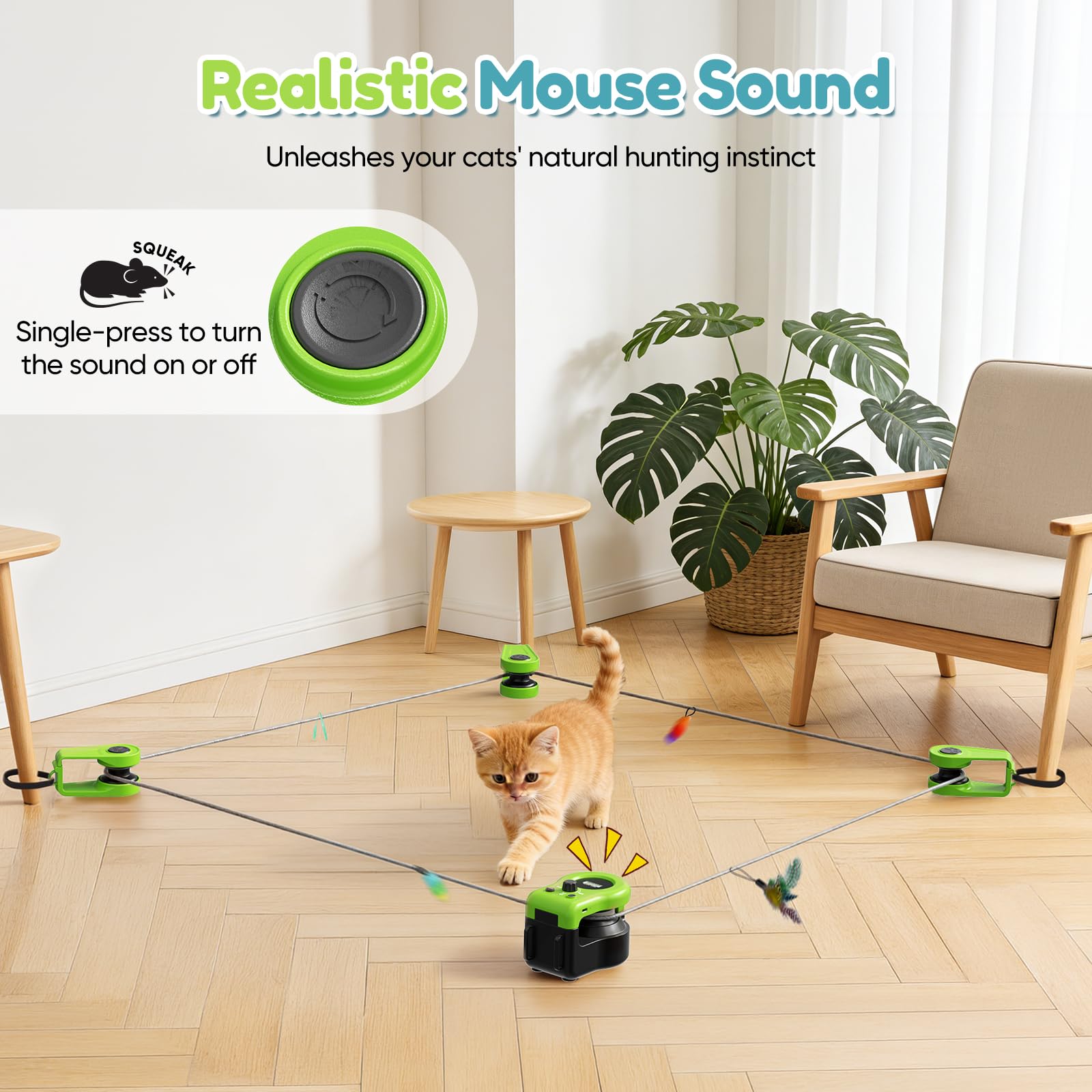 Juguete para Gatos para Interiores, Nueva Cinta de Correr para Gatitos, Control Automático/Remoto, Velocidad Ajustable, Juego de Persecución y Ruta de Carrera con Diseño DIY (Verde)