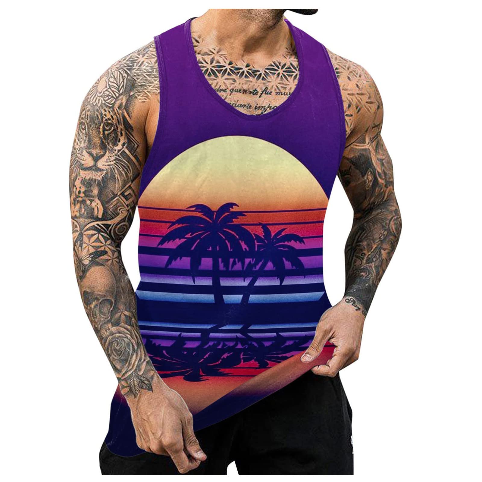 SwrowesiMen's Floral Tank Top Sleeveless Tees All Over Print Casual Sport Gym T-Shirts Hawaii Beach Vacation Vest Tee