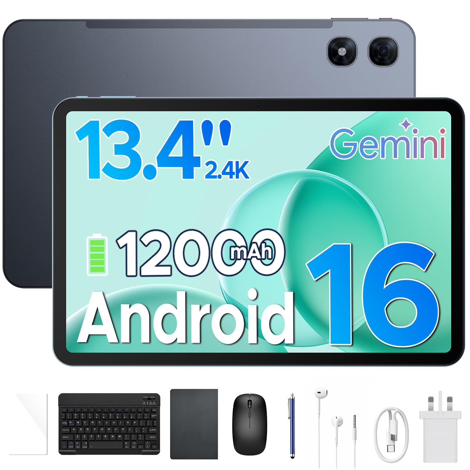P13 Pro Tablet 13.4 Pulgadas 120Hz Android 16, 48GB RAM + 256GB(TF 2TB) Tablet con Teclado y Lapiz, T7280 Octa-Core, 12000mAh/18W, 16MP+8MP, Gemini AI, Widevine L1, Face ID, Dual SIM 4G