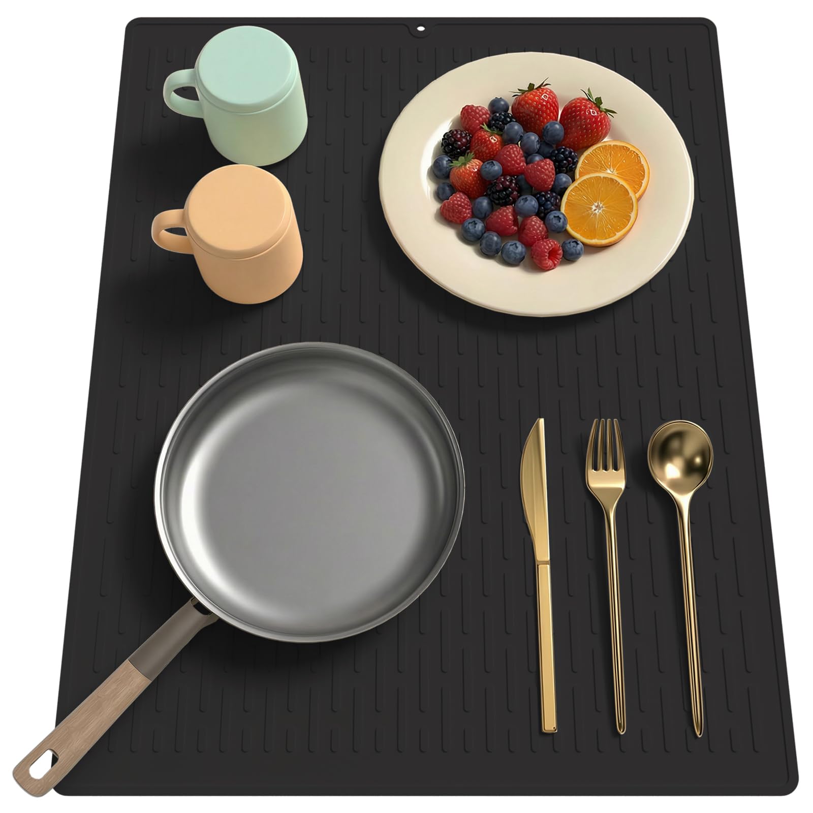 40 x 50 cm Dish Drying Mat with Built-In Grooves，Non-Slip Silicone Kitchen Draining Board Mat，Heat Resistant and Easy Clean Multi-Usage Dish Drying Pad for Kitchen Counter/Sink/Fridge Drawer(Black)