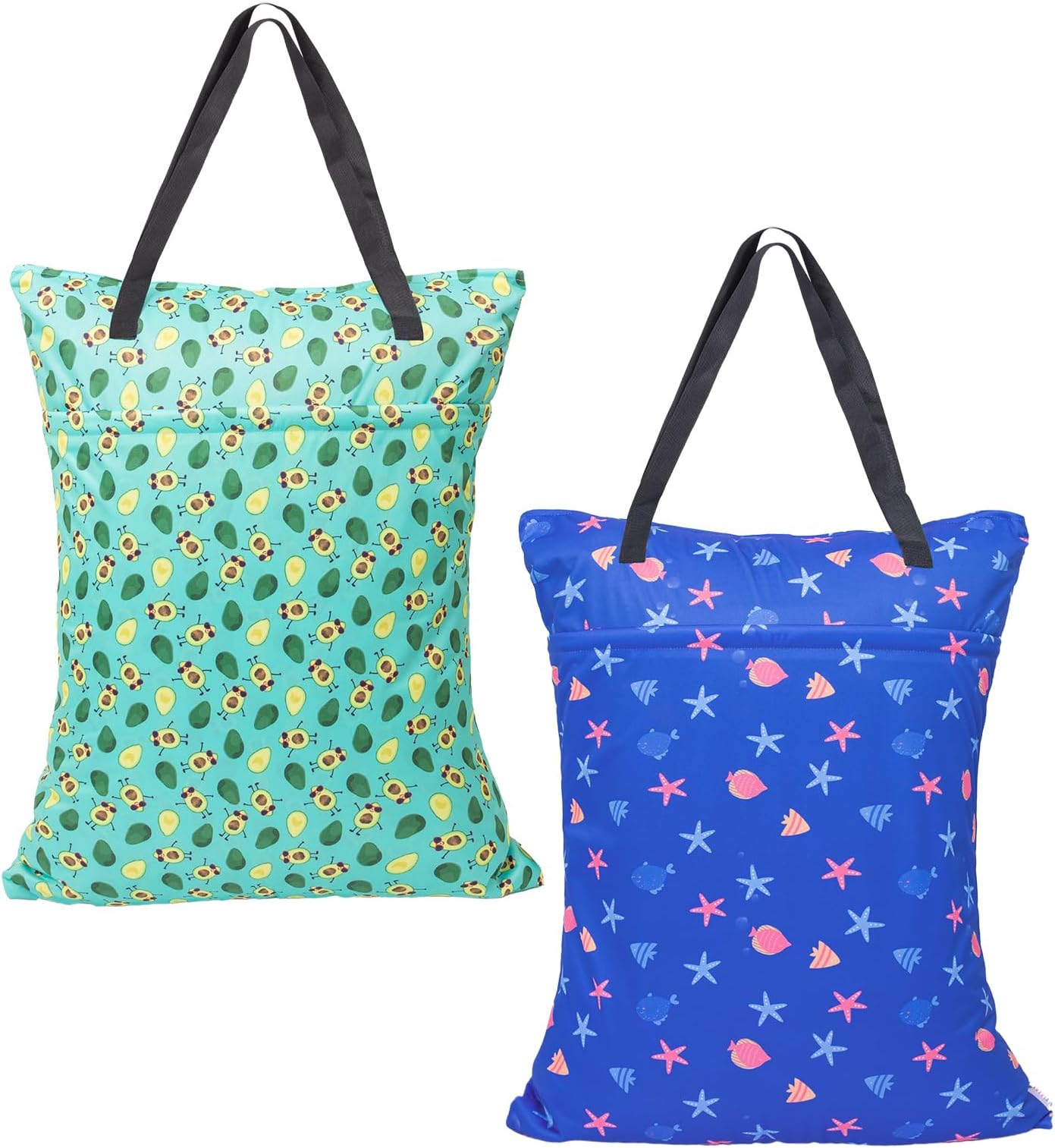 ALVABABY 2 Pack Large Wet Dry Bag Waterproof Hanging Cloth Diaper with Double Zippered Pockets 25x18 inches (Avocados and starfish)