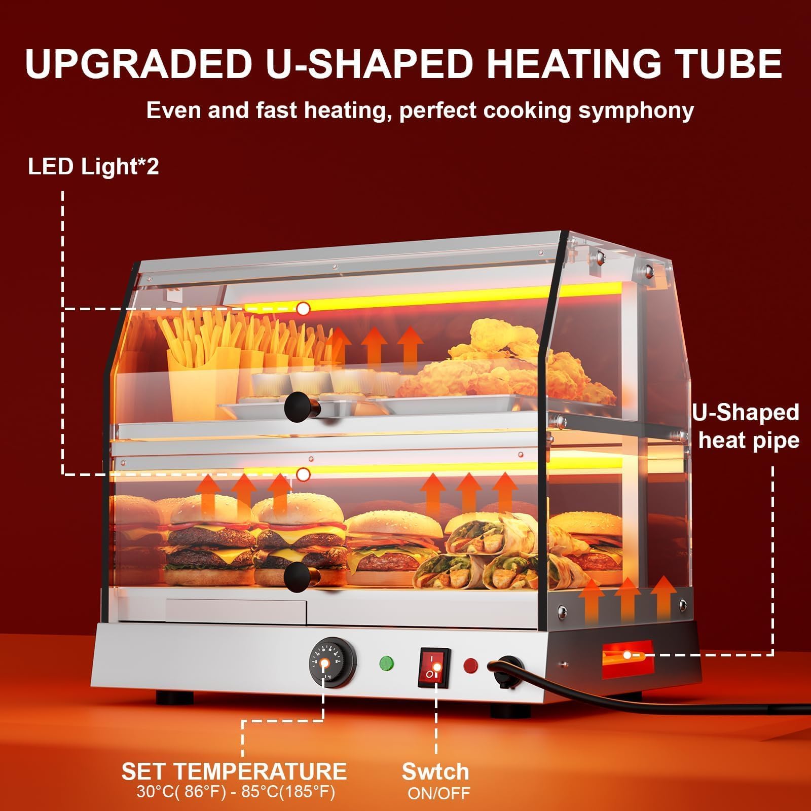 TAIMIKO Calientaplatos Comercial,Calentador de Alimentos de Acero Inoxidable de 2 Niveles para Pizza, Platos Calientes, bollería, mostradores, panaderías, restaurantes