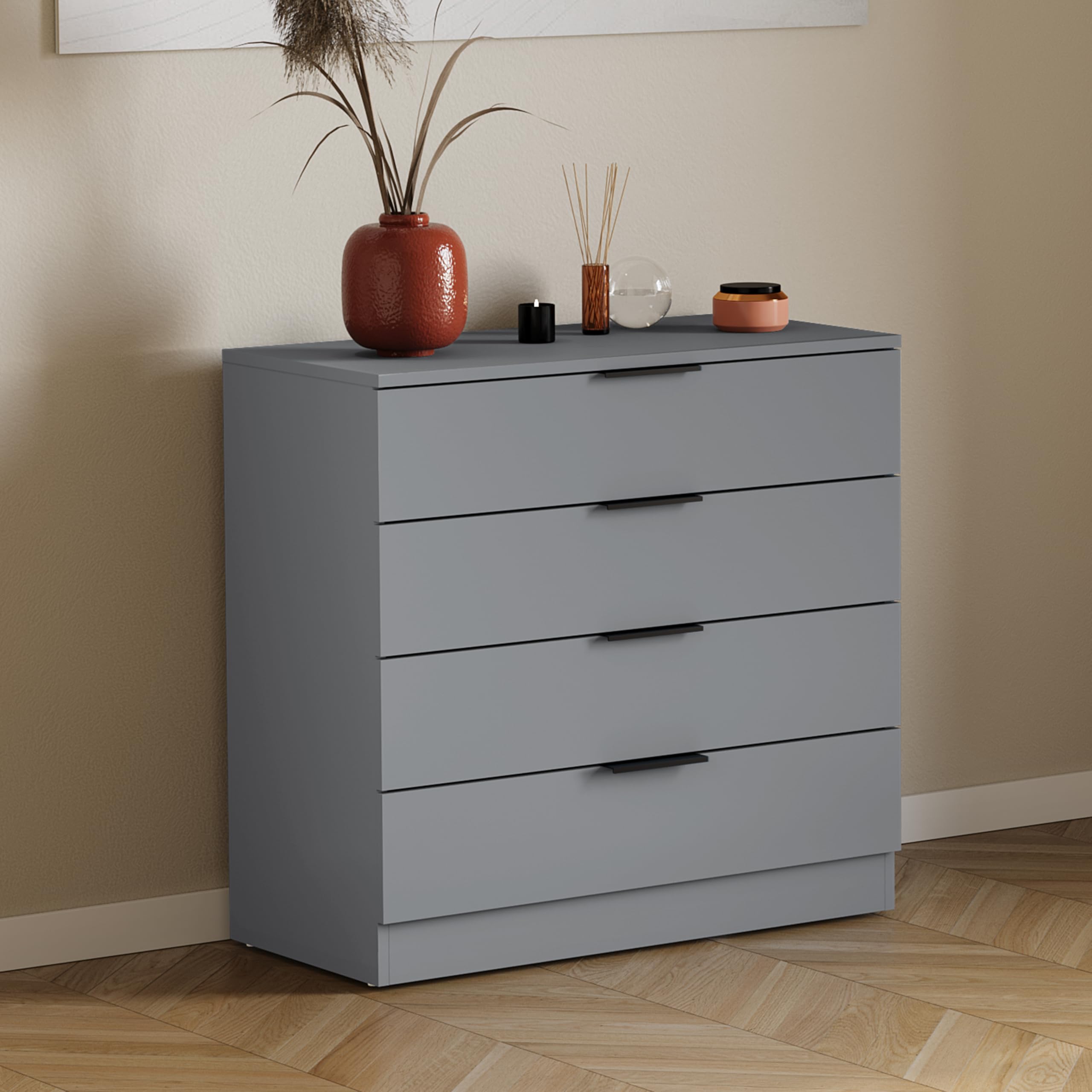 Vida Designs Trega Kommode mit 4 Schubladen | Grau | 74 H x 66 B x 36 T cm | Platzsparende Stauraumeinheit | Schubladenstütze gegen Durchbiegen | Minimalistische | Leichtgängige Schubladenführungen