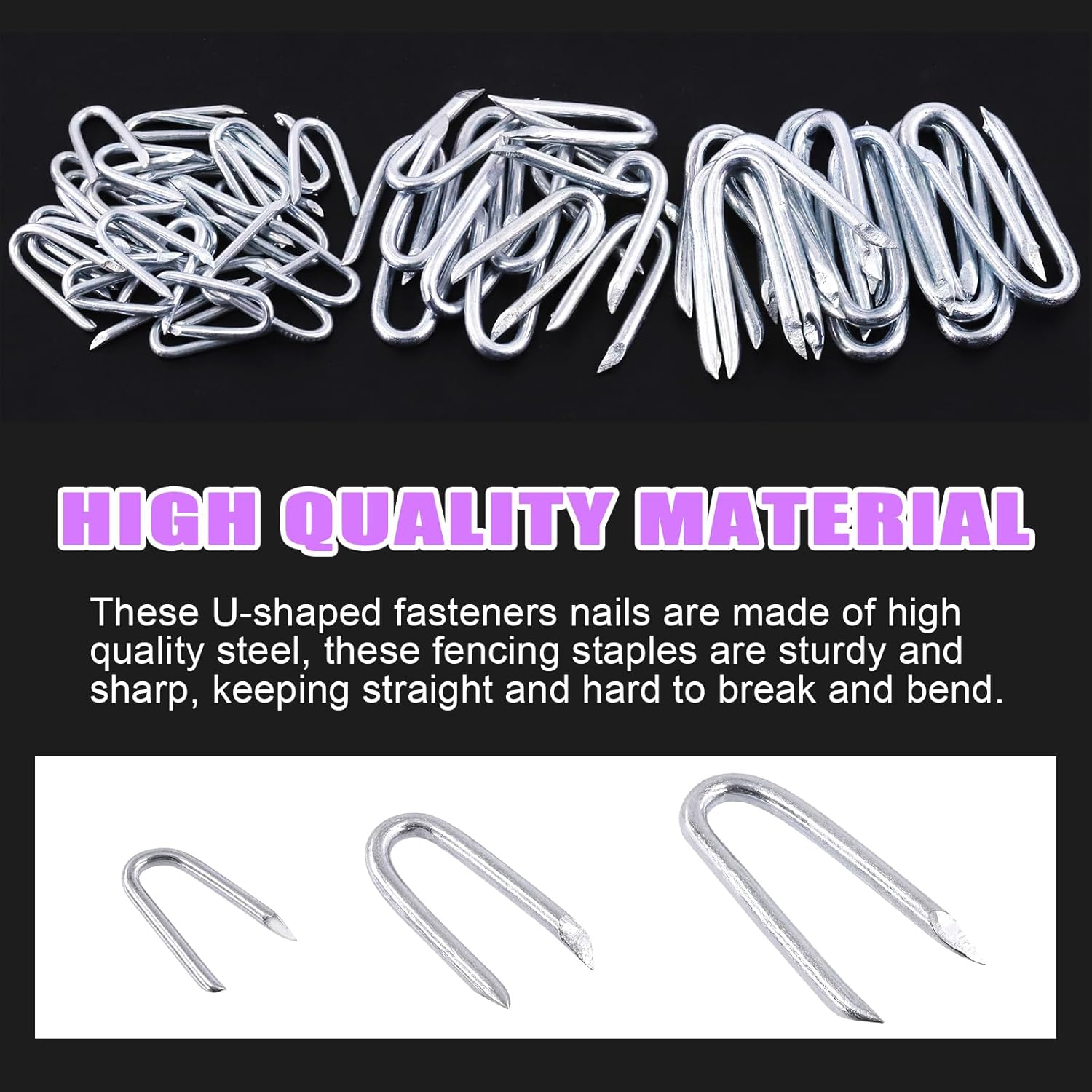 Swpeet 300Pcs 3/4" 5/6" 3/2" Steel Wire Staples Steel Fence Staple Assortment Kit, Concrete Metal Wire Twisting Fence, Fence Staple Nails, U Shaped Nails for Fencing, Wire Mesh and Woven Fencing