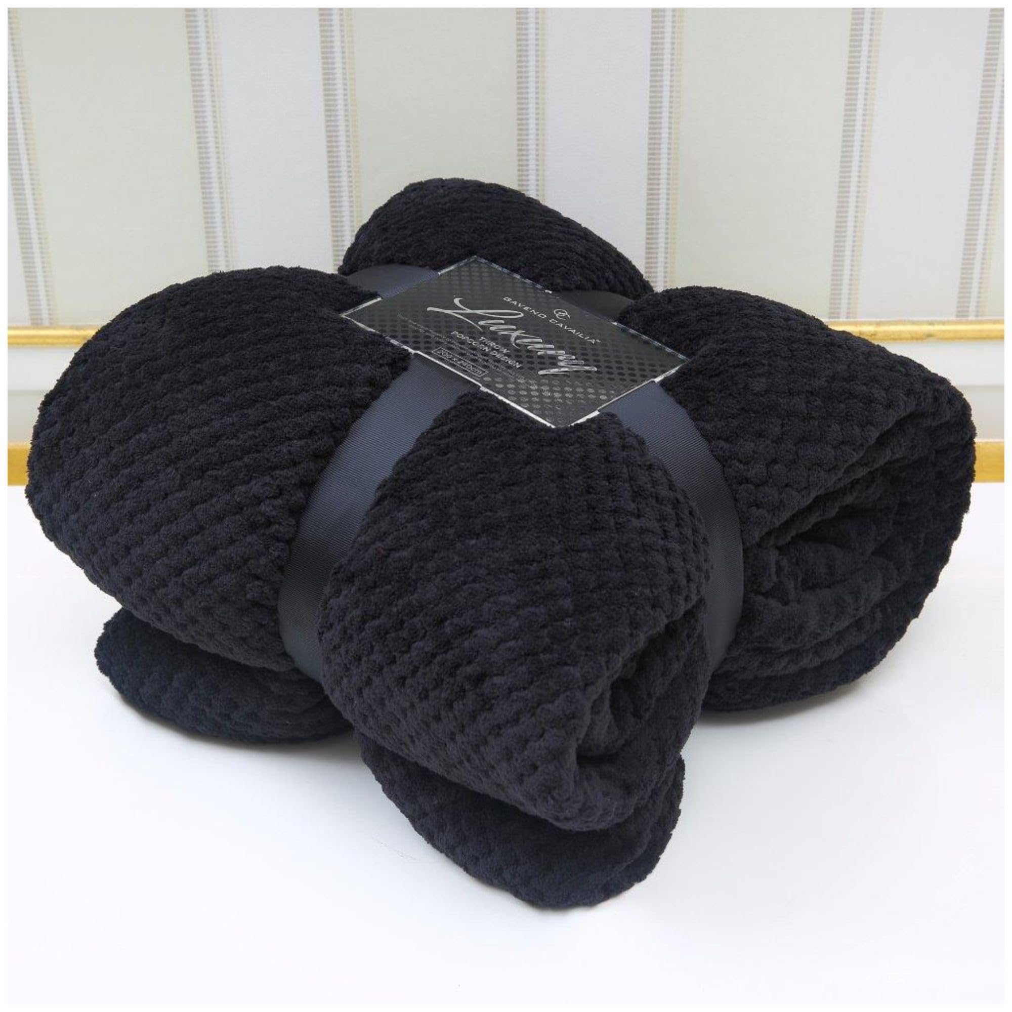 VELVETIO Luxury Waffle Fleece Popcorn Throw, Extra Large Thermal Warm Honeycomb Blanket, Soft & Cosy 100% Polyester Snuggle Sofa Bed Throws, 150 x 200cm, Black