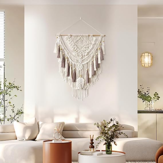 Lokeisna Makrome Duvar Asması, Dokuma Goblen Bej ve Tozlu Gül El Yapımı El İşi Makrome Duvar Dekoru, Yatak Odası, Galeri ve Çocuk Odası Dekorasyonunda Minimalist Tasarımlı Bohem Süslemeleri, Boyut 95 cm U x 69,8 cm G
