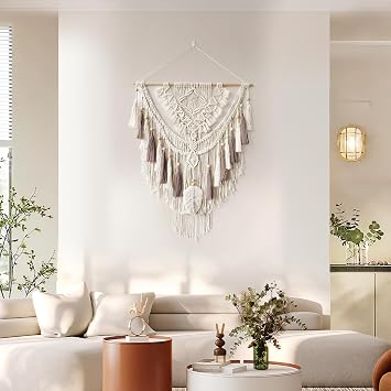 Lokeisna Makrome Duvar Asması, Dokuma Goblen Bej ve Tozlu Gül El Yapımı El İşi Makrome Duvar Dekoru, Yatak Odası, Galeri ve Çocuk Odası Dekorasyonunda Minimalist Tasarımlı Bohem Süslemeleri, Boyut 95 cm U x 69,8 cm G