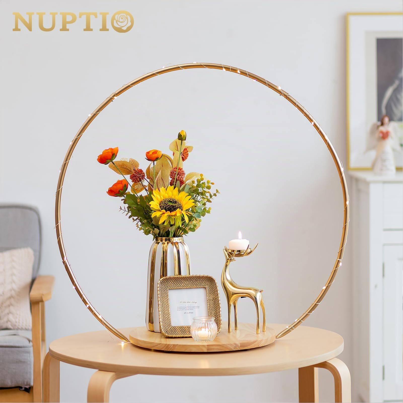 NUPTIO Support Gateau Presentoir avec Piedestal Rond Bois, 36cm | avec Metal Ring, pour Mariage Anniversaire, Fête, Douche de Bébé, Noël