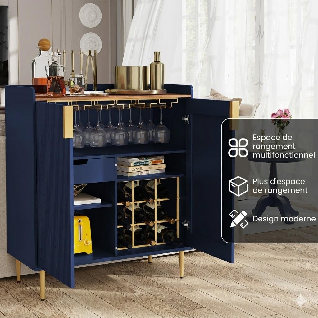 HOLTICO Meuble Bar Salon avec Supports pour Verres autoportant, Mini Bar Rangement Vin pour Cuisine et Salle à Manger, 80x38x94,2cm, Bleu