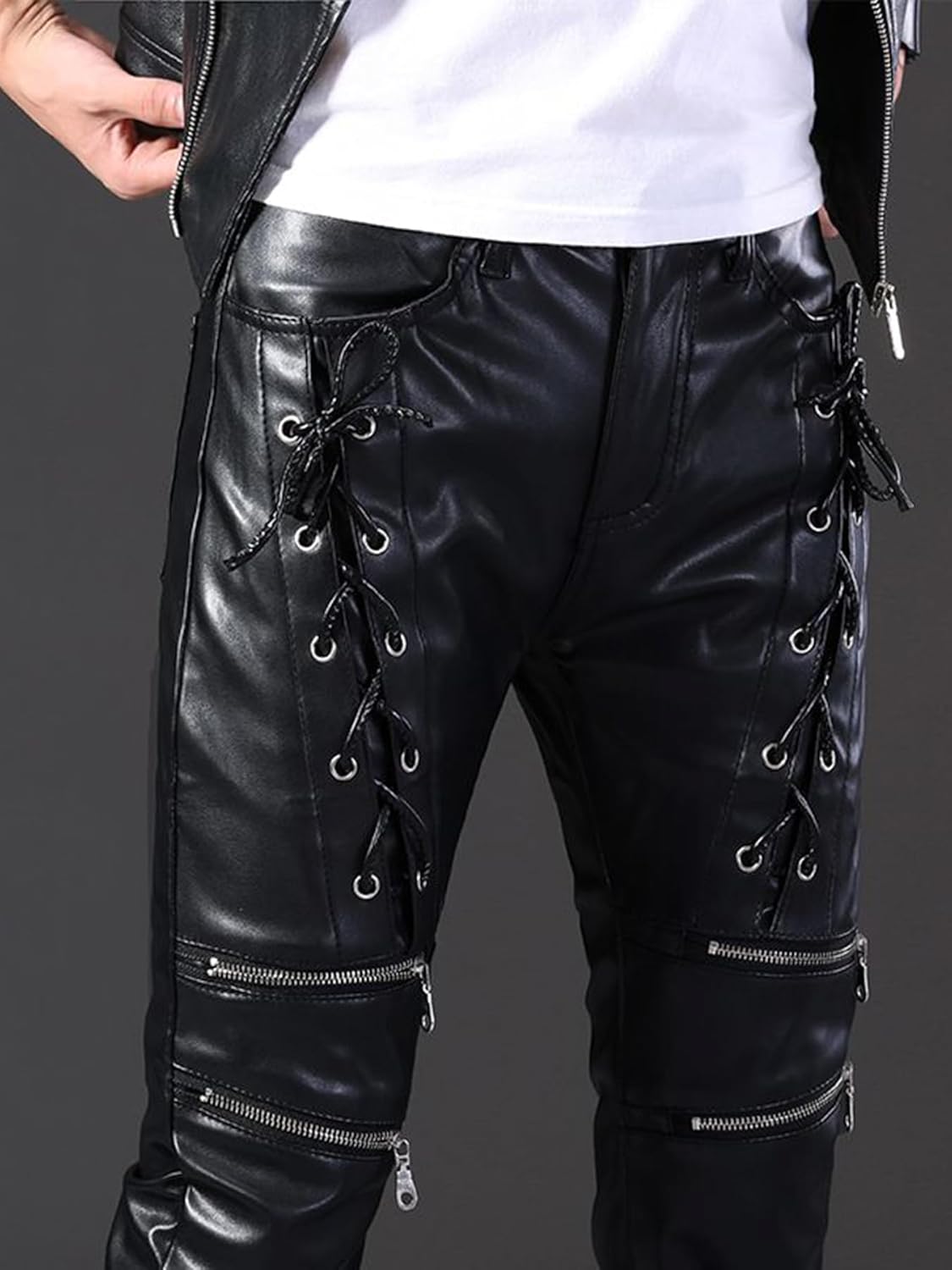 Idopy Men`s Rock Steampunk Gothic Lace Up Cosplay Party PU Leather Pants - Image 6