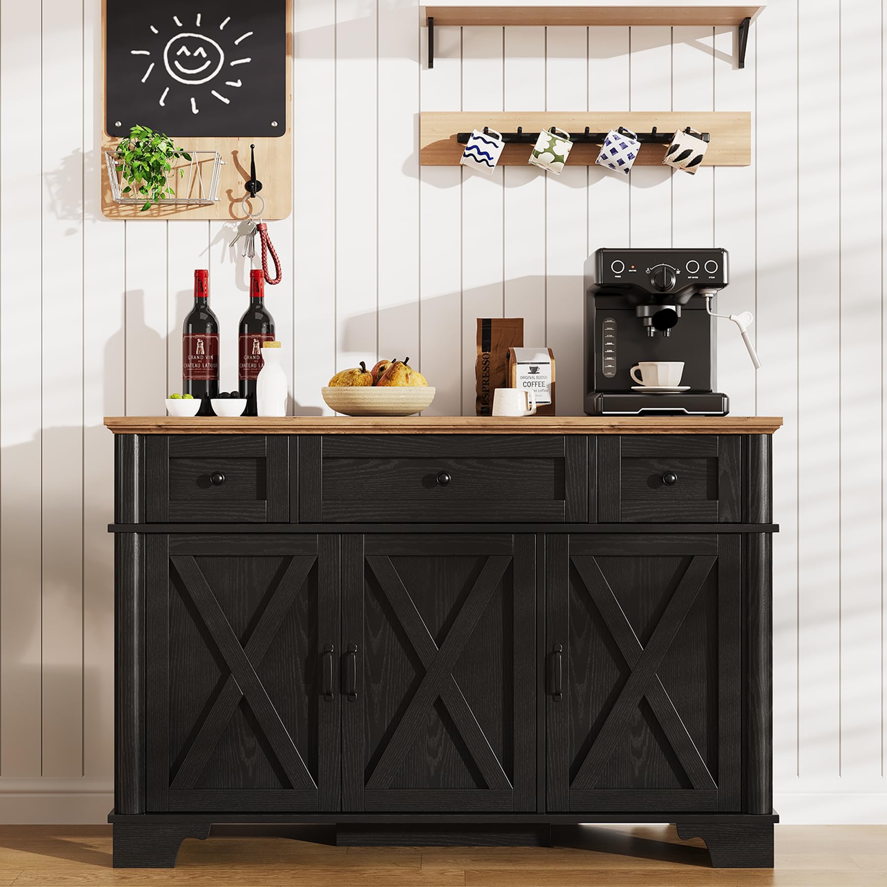 BestHaped Farmhouse Buffet Cabinet with Storage, Black Sideboard Buffet Cabinet with Adjustable Shelves & 3 Drawers, Buffet Table Coffee Bar Wine Bar