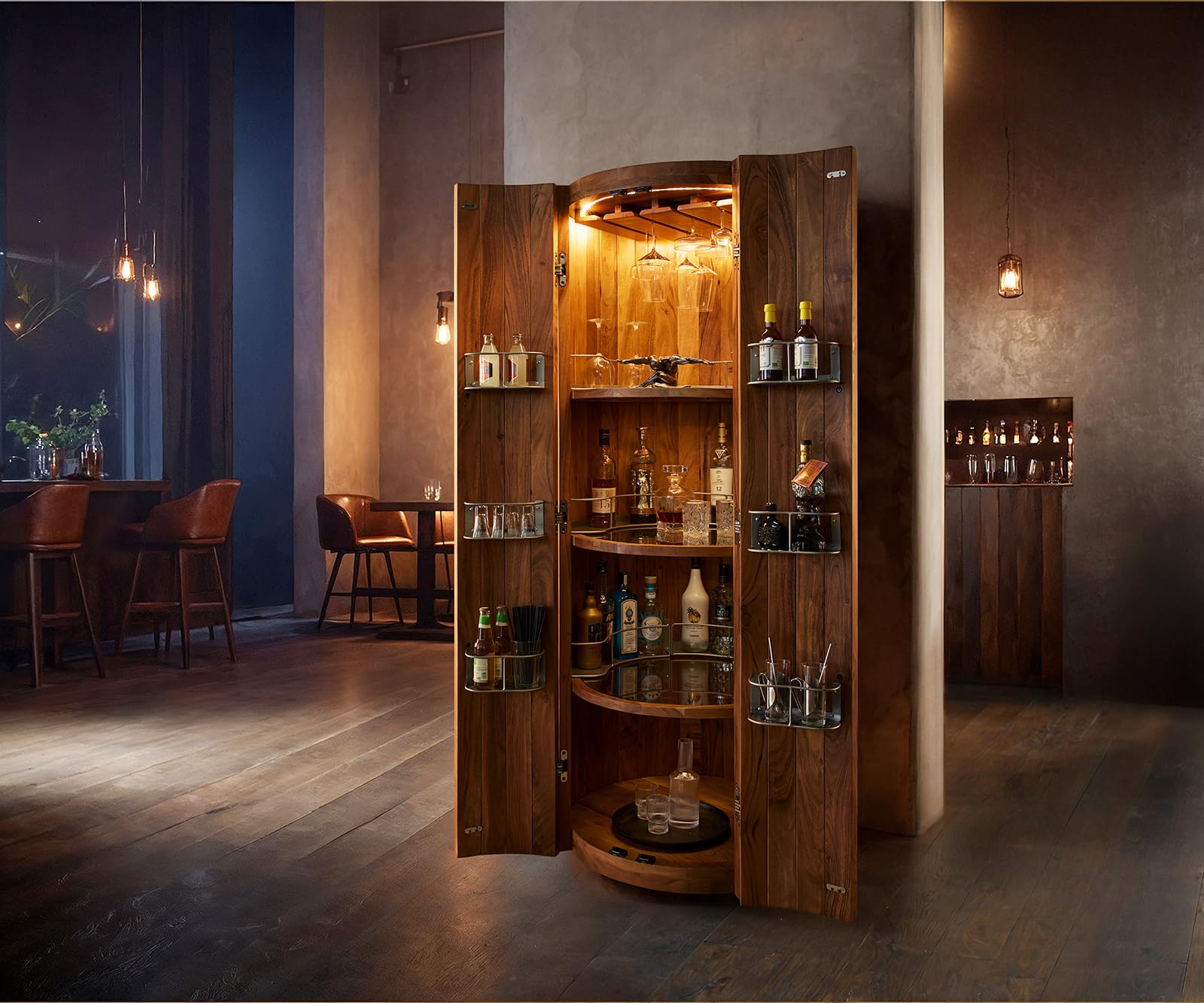 DELIFE Weinschrank Tulsa Akazie Natur 80x190 cm LED-Beleuchtung Barschrank