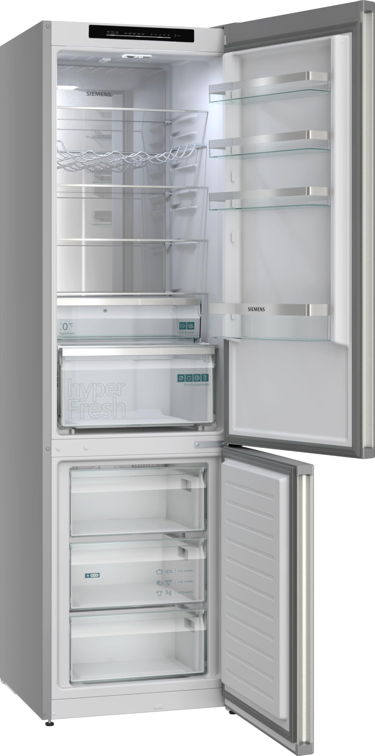 Siemens iQ300 Freistehende Kühl-Gefrier-Kombination 203 x 60 cm, KG39NVICG, 260 L Kühlen & 103 L Gefrieren, Total noFrost, Nahtlose Platzierung, hyperFresh Technologie, LED-Beleuchtung, Edelstahl