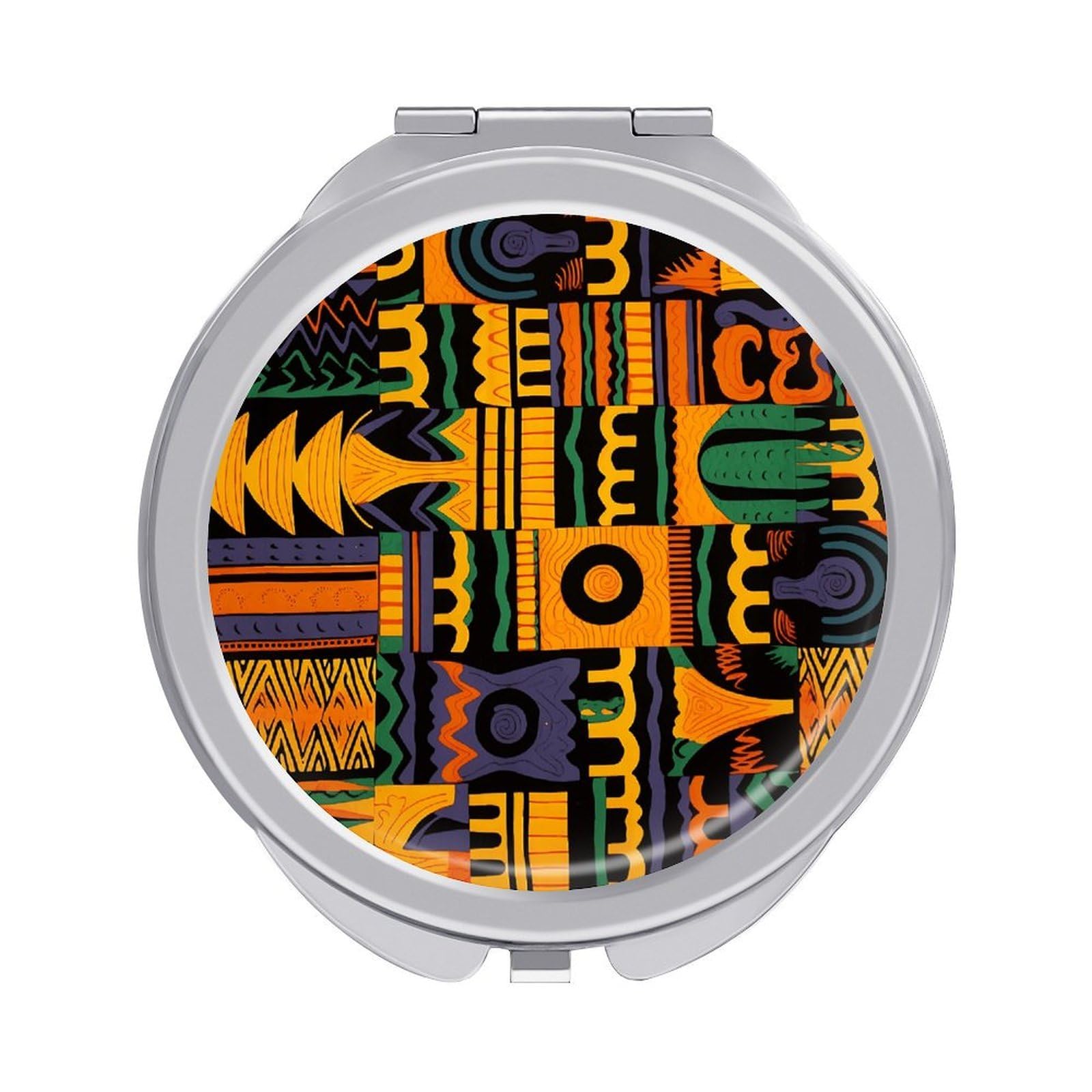 VstaDank African Ethnic Pattern Travel Makeup Mirror Cute Compact Mirror for Women 1X/2X Magnifying Metal Pocket Makeup Mirrors Folding Round Makeup Mirrors for Handbag Wallet & Gift