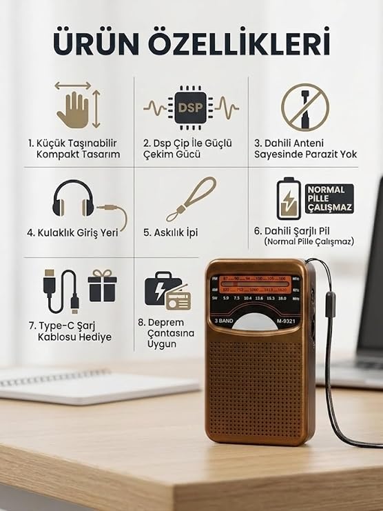 M-9321 Type-C Şarjlı Taşınabilir 3 Bant (Fm/am/sw) Nostaljik Cep Radyosu - Gold (Gold)