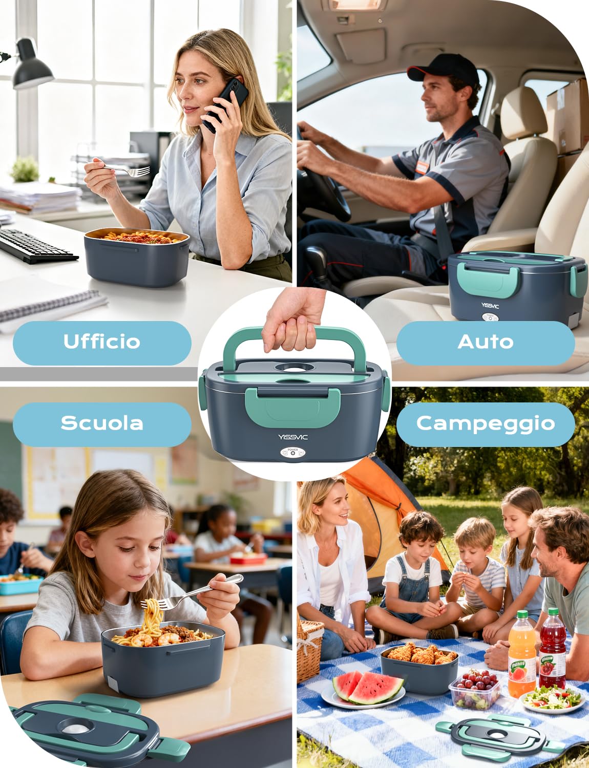 YISSVIC Scaldavivande Elettrico Portatile 1.5L con Borsa Pranzo - 4 in 1 (12V/24V/220V) 60W, Acciaio Inox, Forchetta e Cucchiaio Inclusi - Ideale per Auto, Ufficio e Viaggi