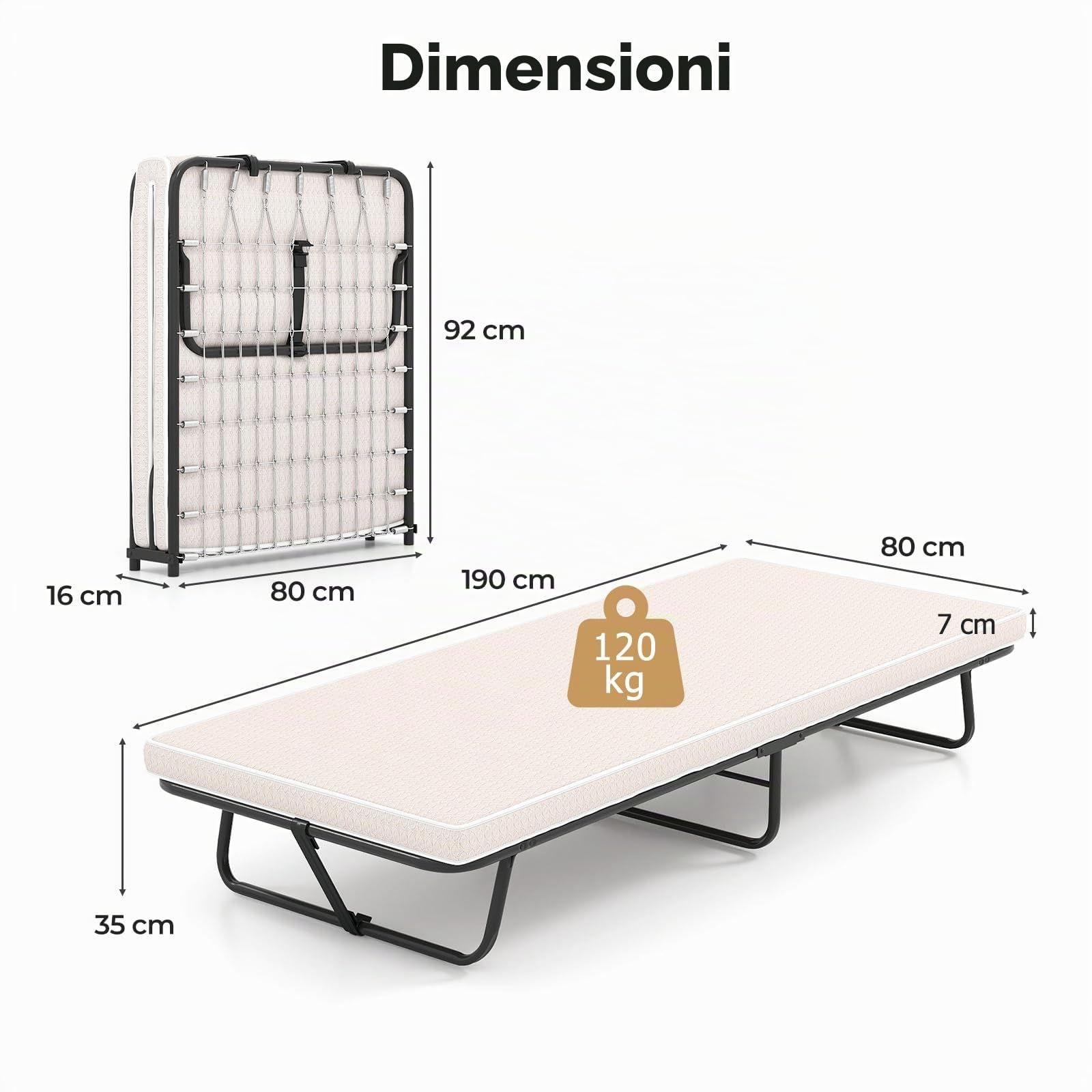 GIANTEX Letto pieghevole 80 x 190 cm, per adulti, pieghevole, letto da viaggio con materasso, letto singolo, pieghevole in metallo, portata fino a 120 kg, letto pieghevole con memory foam