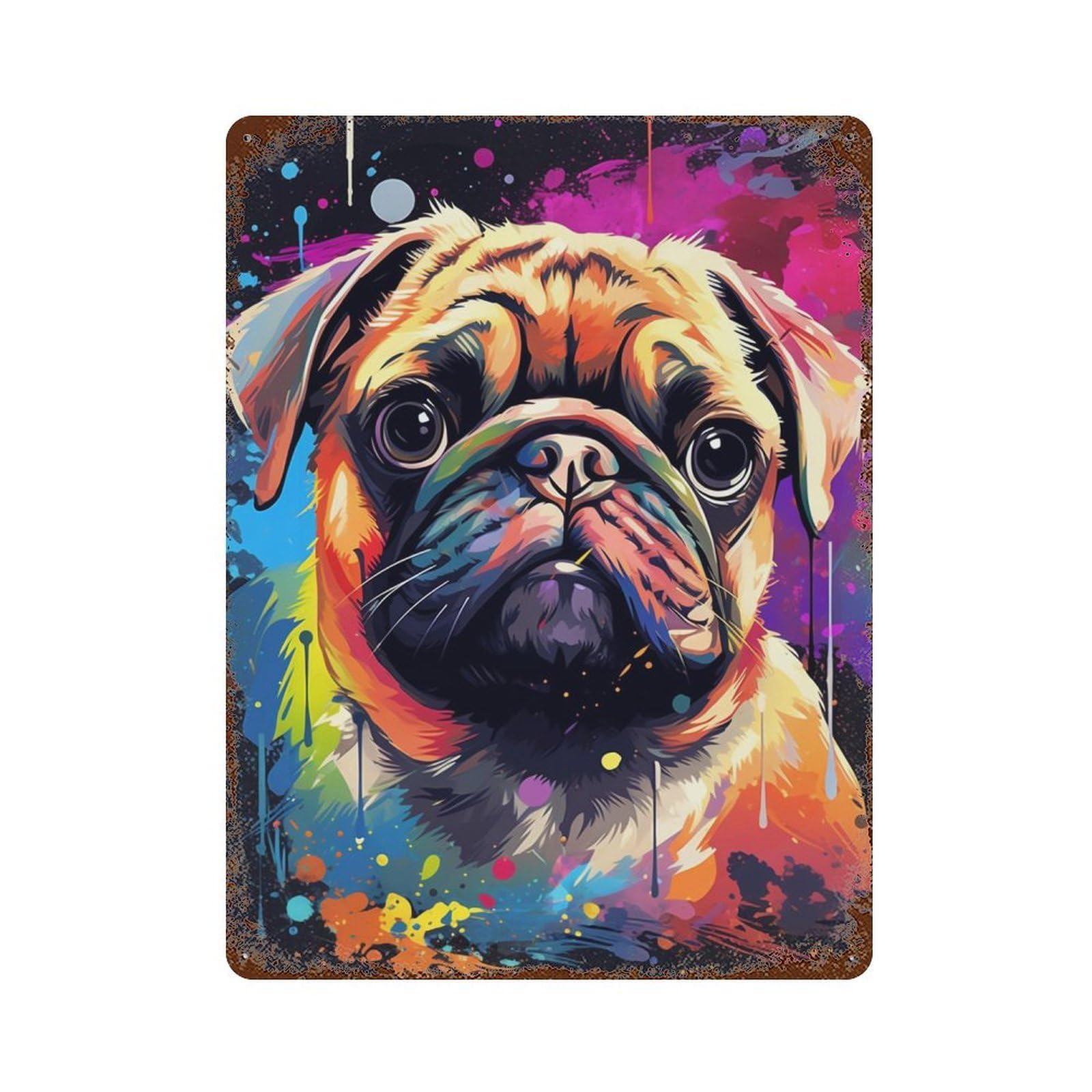 Colorful Pug Art Print-21 Rust Effect Tin Sign 15.7"x11.8", Retro Wall Decor for Pub, Kitchen And Man Cave Decor