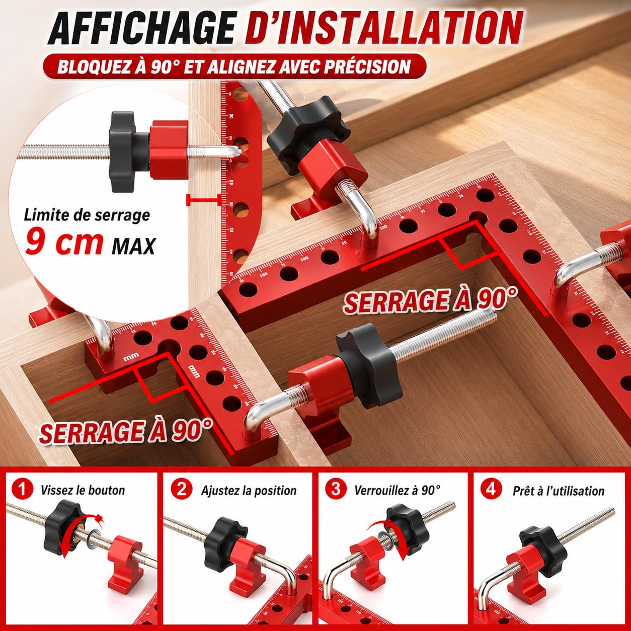 Lot de 8 équerres de positionnement à 90° aluminium, 4×140 mm + 4×80 mm | Kit d'équerres aluminium | serre joint angle meubles,cadres,tiroirs | Haute précision,outil menuisier| Aluminium antirouille