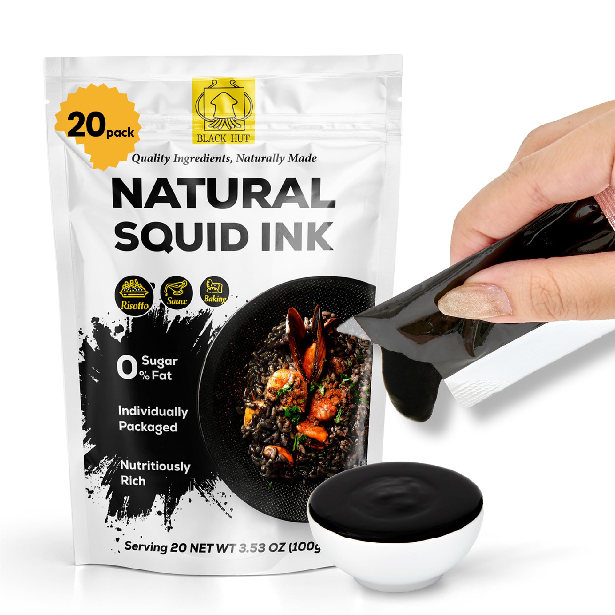 (5g x 20 Pack) Black Hut Squid Ink, Food Coloring Tinta Calamari for Rice Noodles Pasta Spaghetti Risotto, Cuttlefish Ink for Baking mix, Halal Certificate, Contains Molluscs, 3.53 oz / 100 g