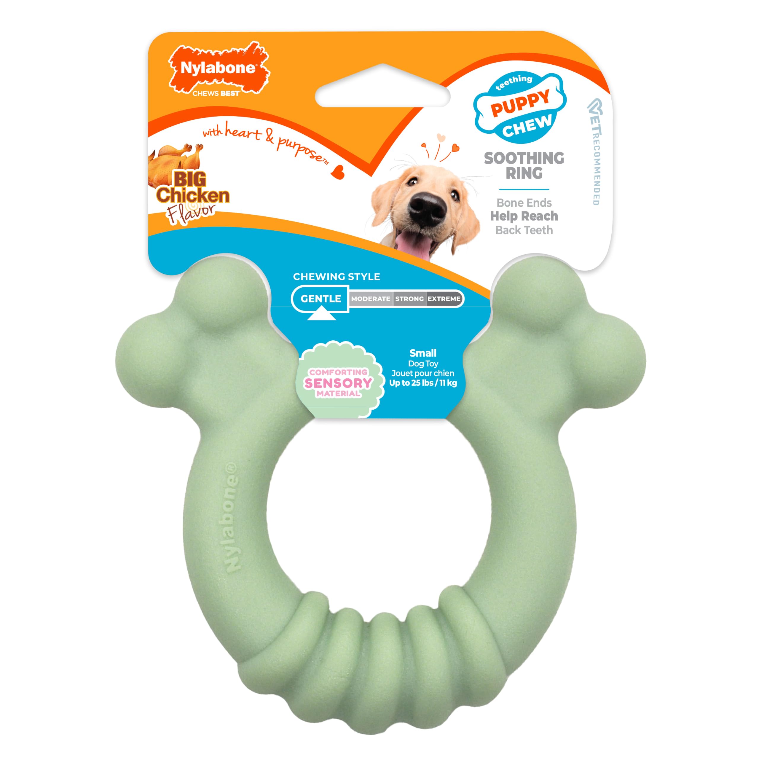 Nylabone Kojący materiał sensoryczny dla szczeniąt, zabawka do żucia, zabawki dla szczeniąt ząbkowanie, mały smak kurczaka, do 25 funtów, 1 sztuka