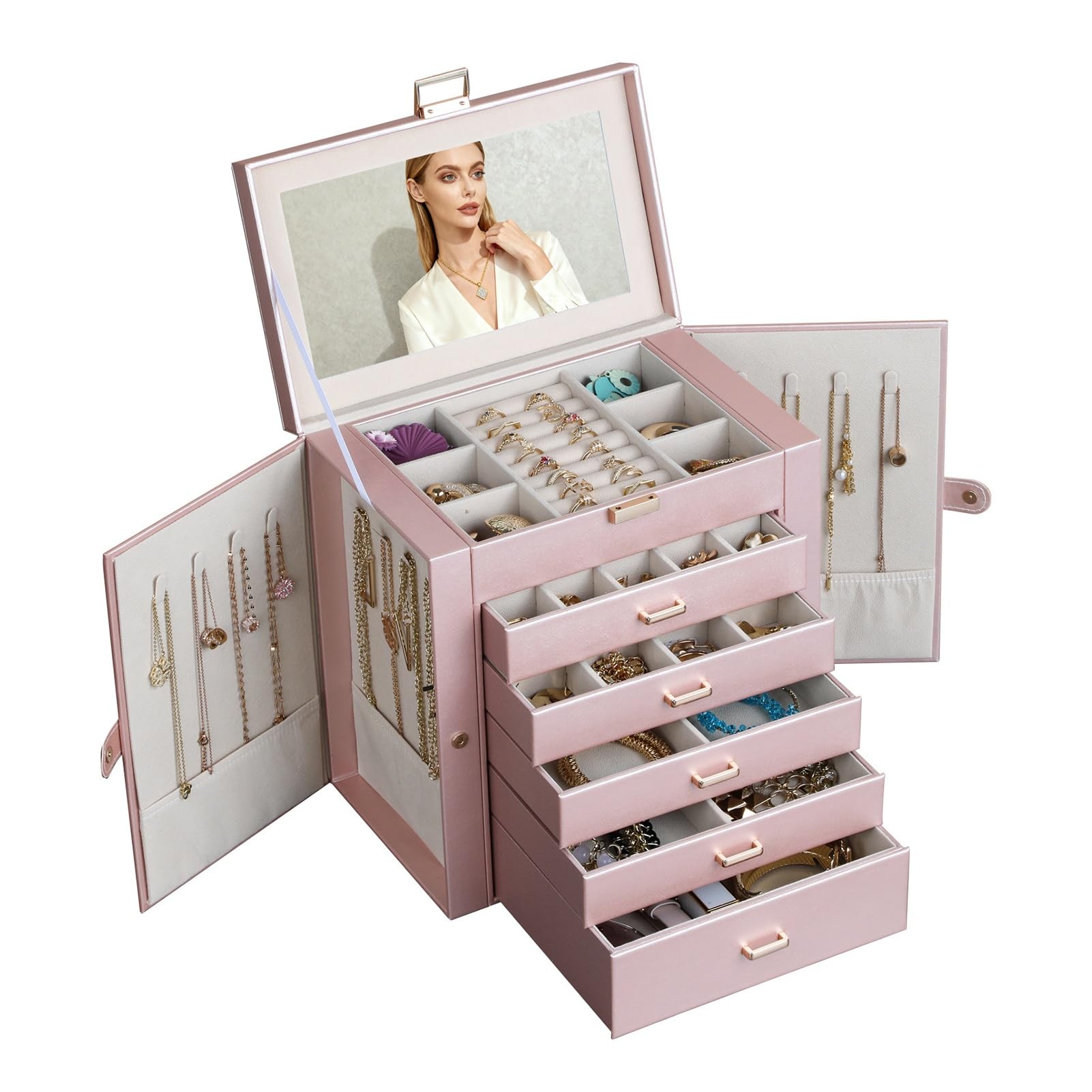SDFSDE 6-Layer Jewelry Box Organizer Storage Case With 5 Drawers And Mirror For Necklace, Watches, Rings, Earrings, Bracelets, Glass