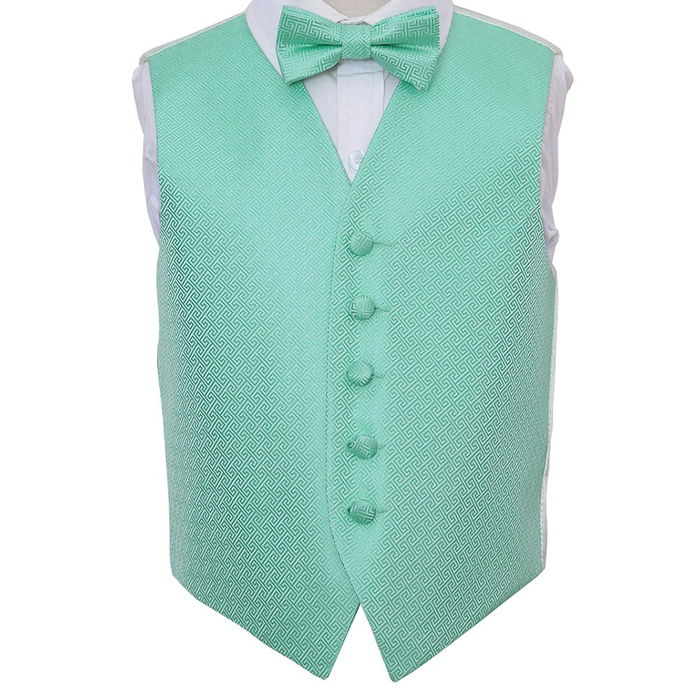 DQT Boys Greek Key Jacquard Waistcoat & Pre-Tied Bow Tie Set (2pc) - Wedding Pageboy Formal Vest - Mint Green 11-12 Years 32"