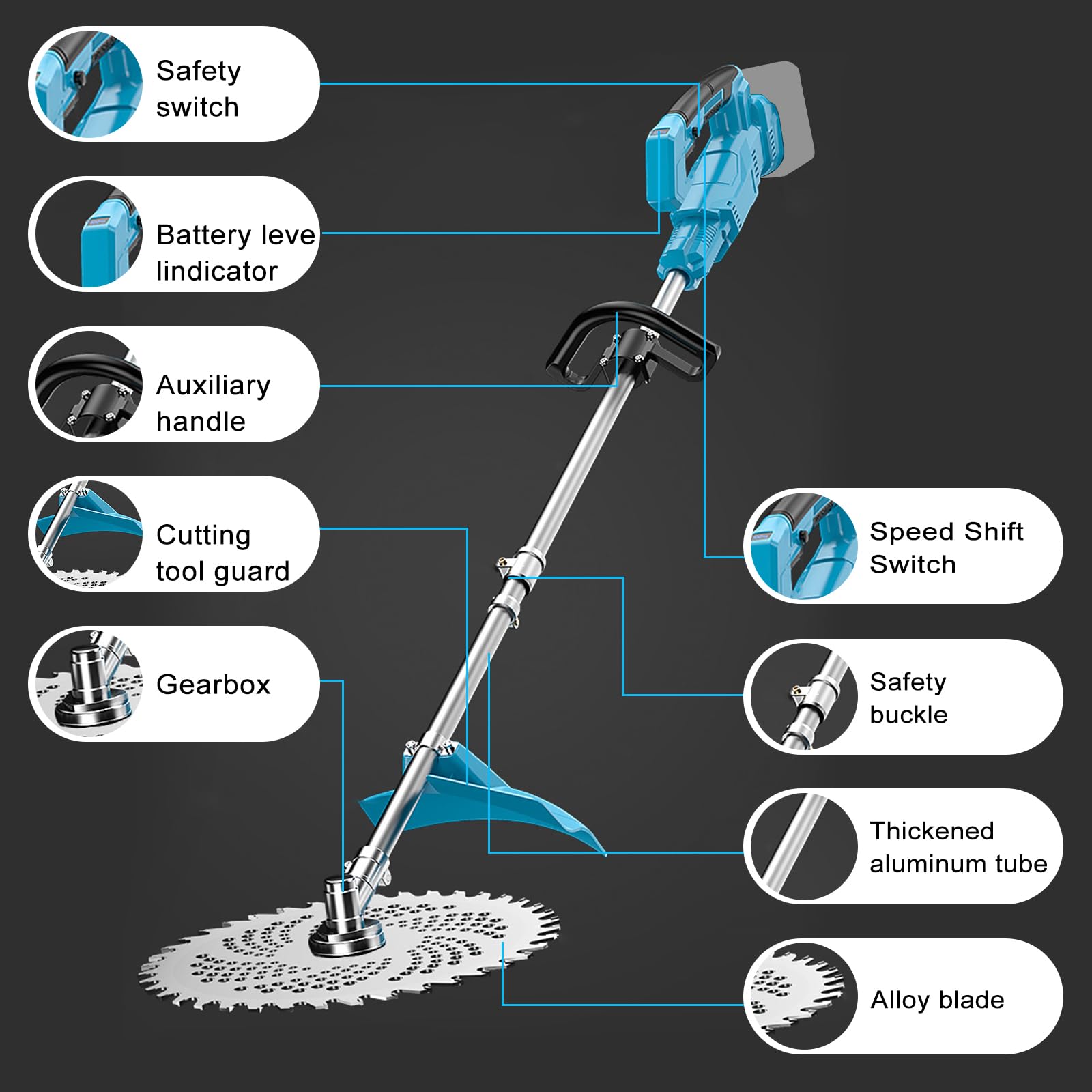 Decespugliatore senza fili per Makita 18 V batterie con 4 tipi di lama, motore brushless, decespugliatore elettrico da 25,4 cm con spazzola per erbacce (senza batteria)