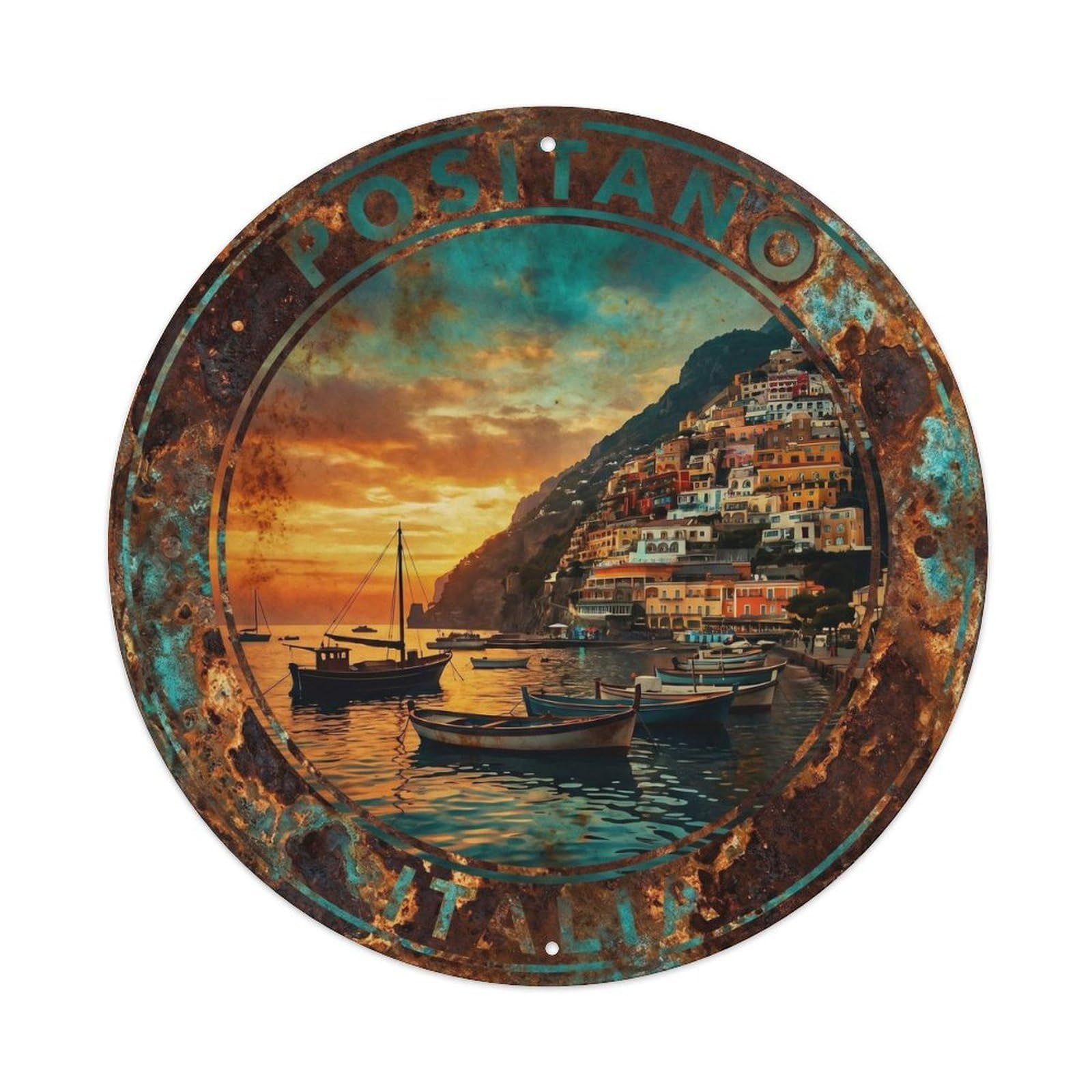 Campania Positano Seaside Crest Antique Mediterranean Metal Tin Sign Plaque Wall Decor for Cafe, Man Cave, Club Bar, Office, Home Garden Round Metal Poster 8x8Inch
