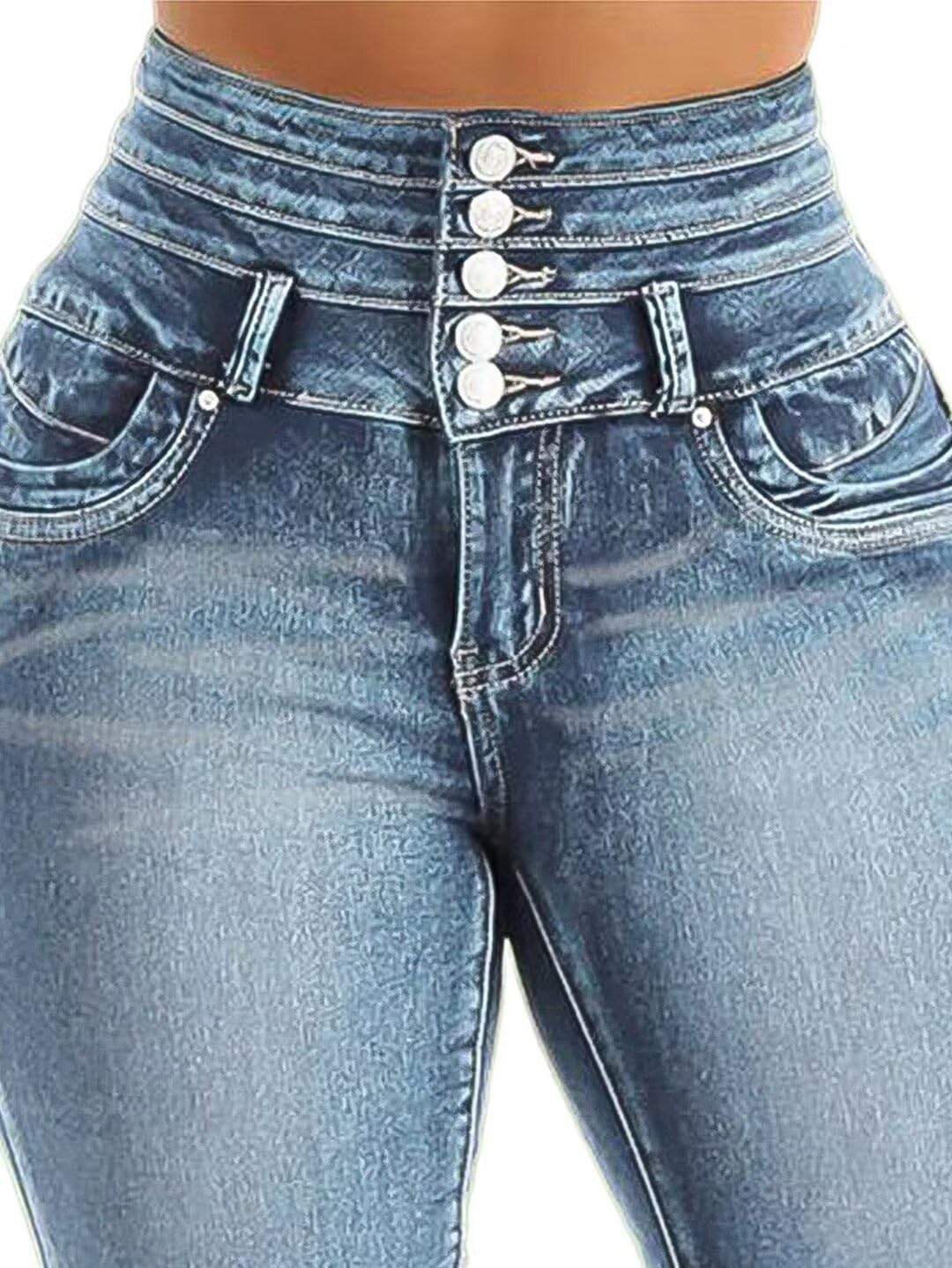 Flamingals Blue Skinny Jeans for Women Stretchy Mid Waist Butt Lifting Trendy Denim Capris - Image 4