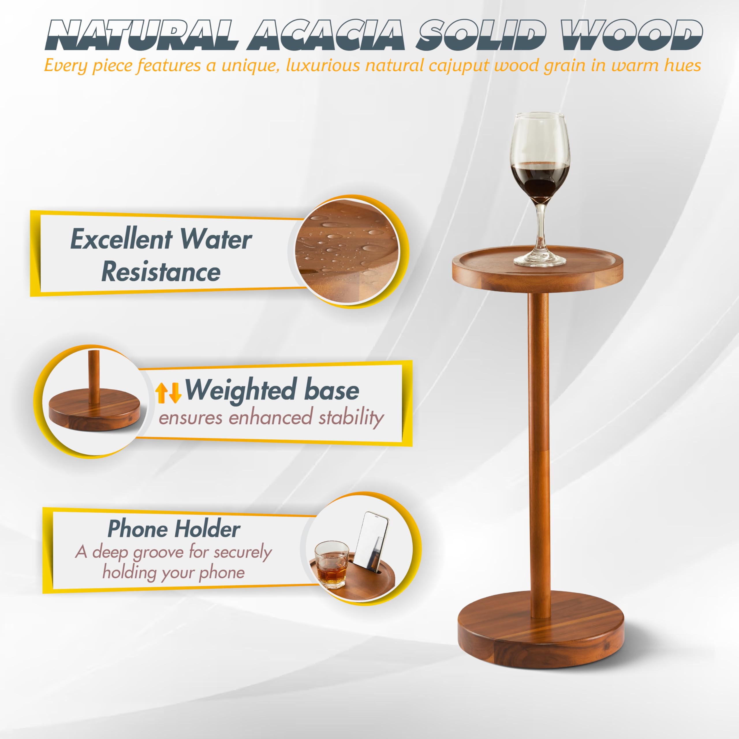 Mesa de bebidas, mesa auxiliar compacta de 24.4 pulgadas de alto con ranura para teléfono y base pesada (2, Acacia) 2