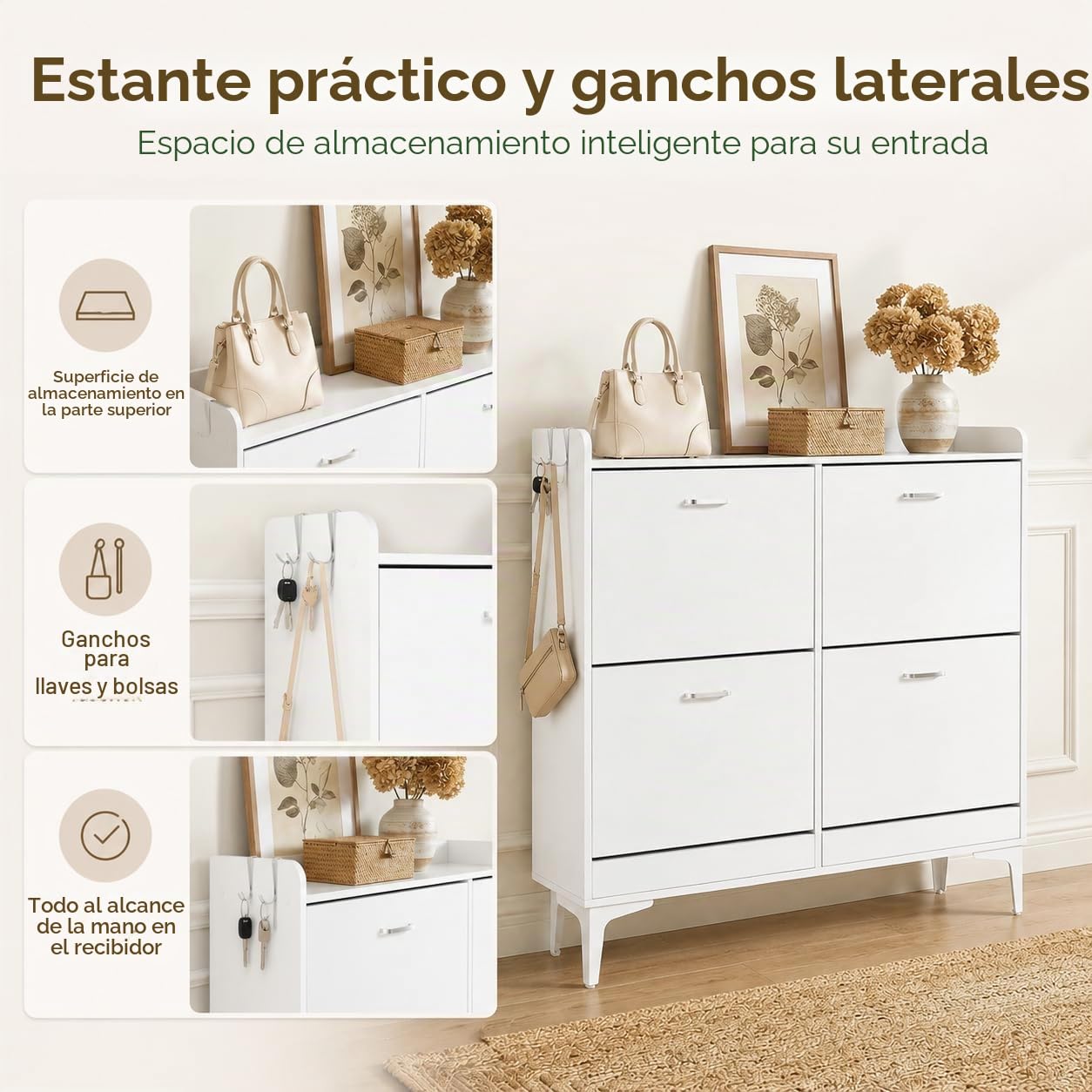 EGGREE Zapatero Estrecho con 4 Puertas Abatibles y Estantes Regulables, Mueble de Almacenamiento Blanco para Entrada, Salón, Dormitorio,105x24x102 cm