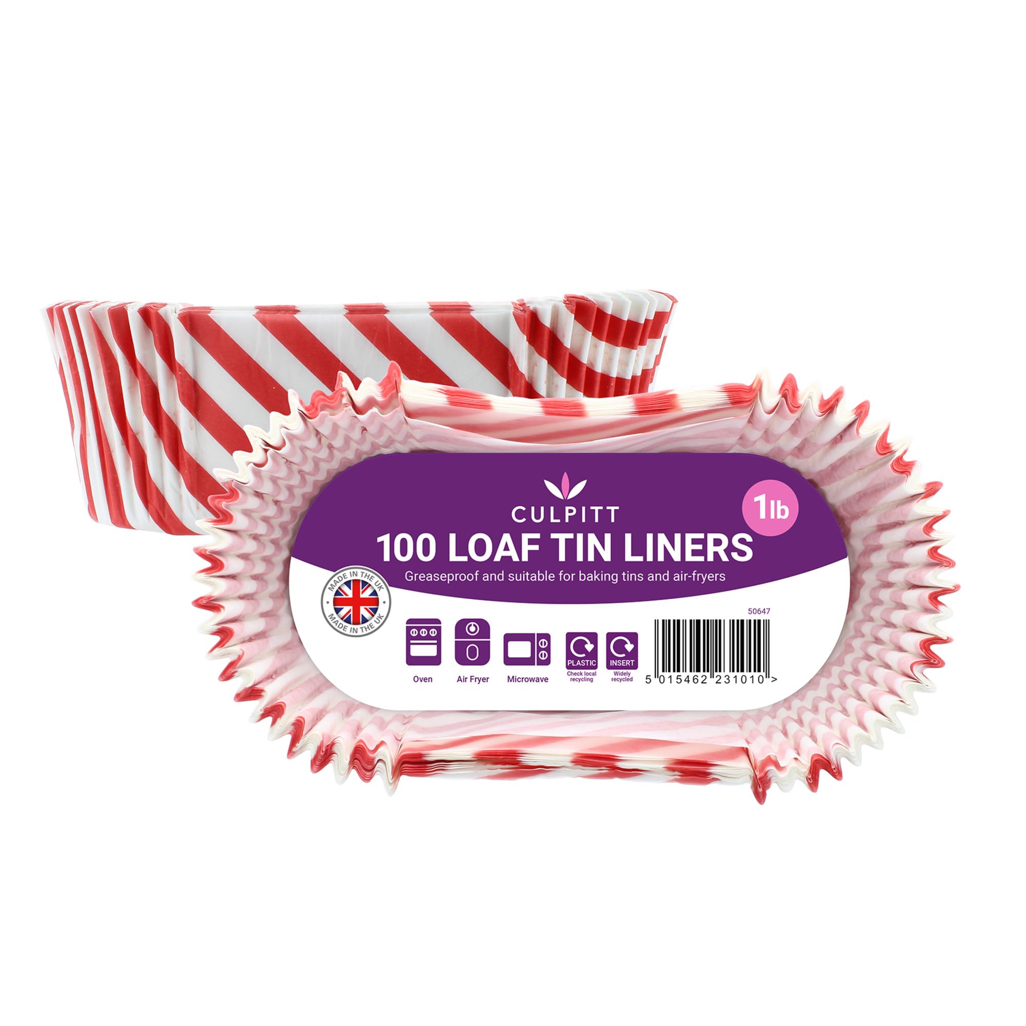 Culpitt 1lb Loaf Tin Liners | Red Stripe | 100 Pack | Greaseproof Paper Cake Tin Liner For Baking Bread and Cakes, Air Fryer Liner, Made In The UK