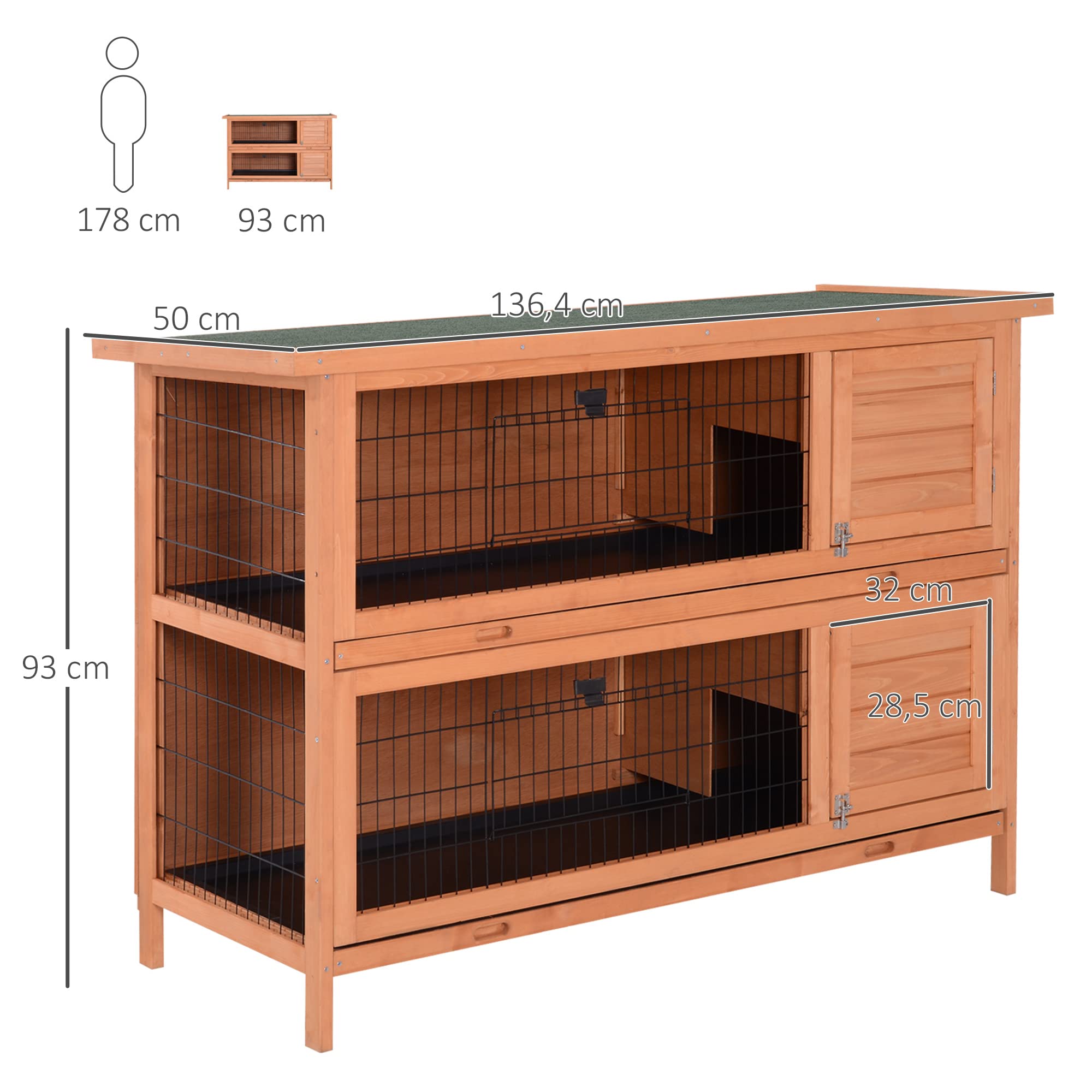 PawHut Clapier sur Pieds Cage à Lapin Double Niveau Plateaux excréments coulissants 4 Portes verrouillables dim. 137L x 50l x 93H cm Bois Massif pin Toit bitumé Vert