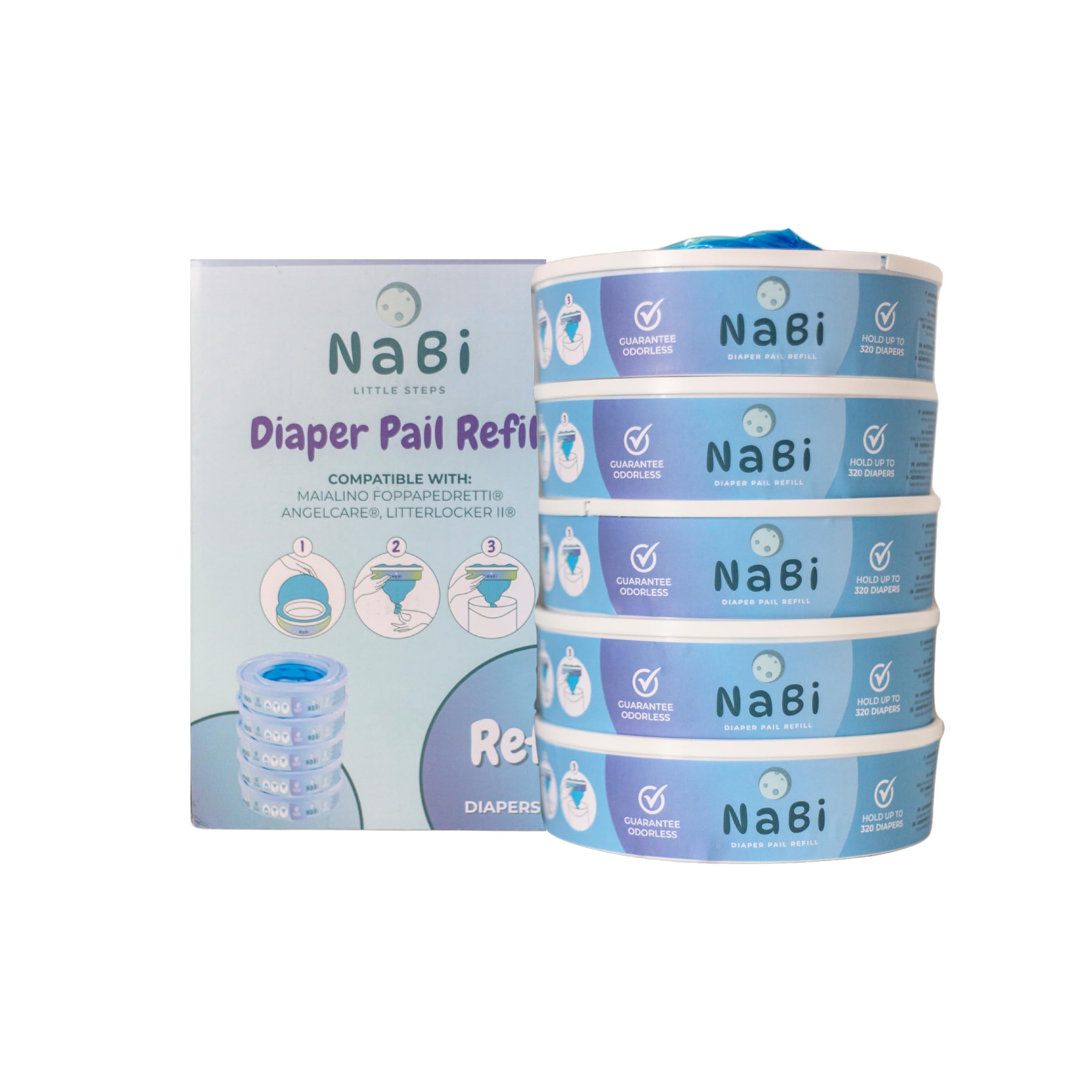 NABI LITTLE STEPS Ricarica Compatibile con Mangiapannolini Maialino Foppapedretti, Angelcare e Genie Litter Locker II. Confezione da 5 Ricariche Profumate, Facili e Convenienti