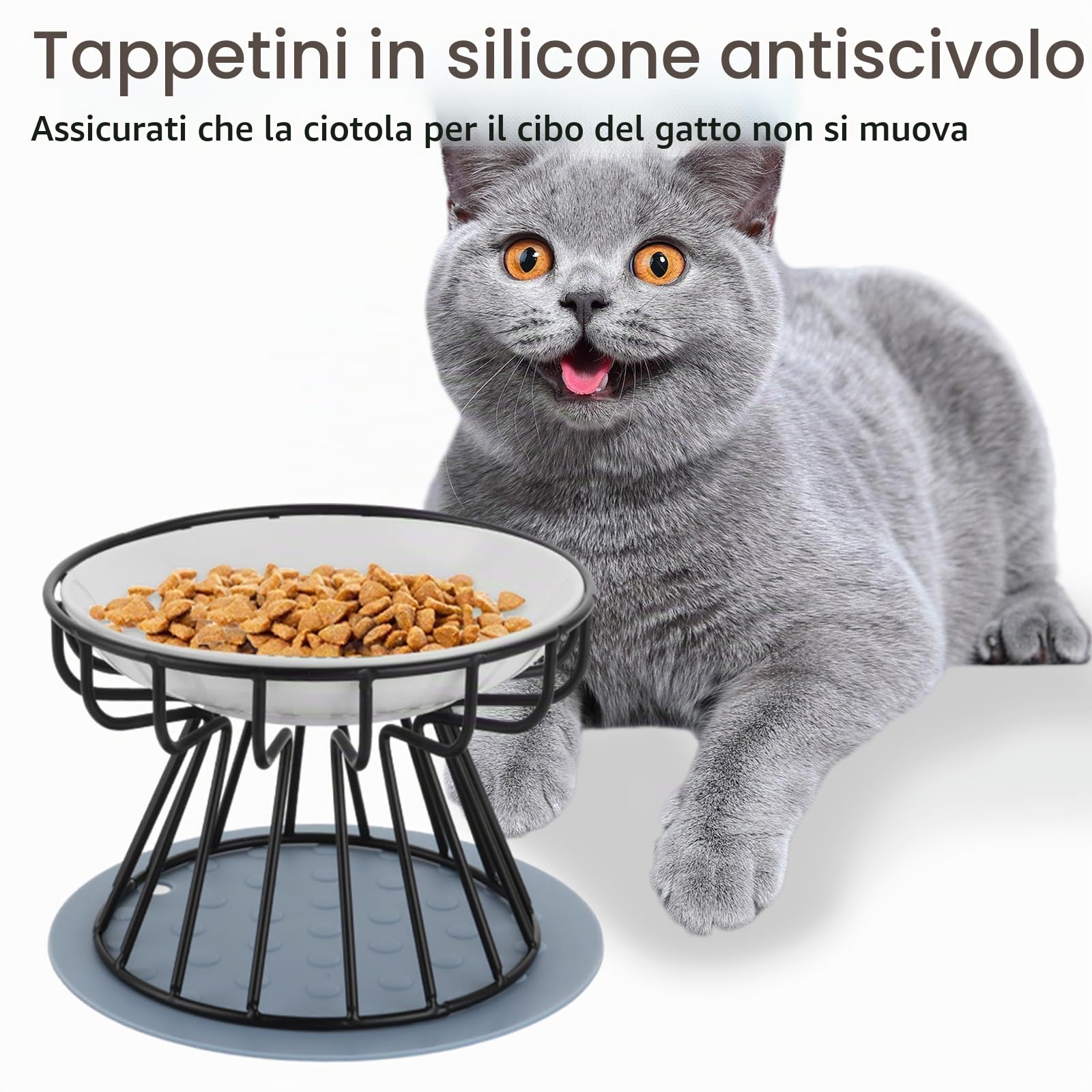 YAYODS Set di 3 Ciotole per Gatti in Ceramica con Supporto Rialzato, Ciotola Rialzata per Gatti e Cani Piccoli con Tappetino in Silicone Antiscivolo, Design Salva-Cervicale e Lavabile in Lavastoviglie