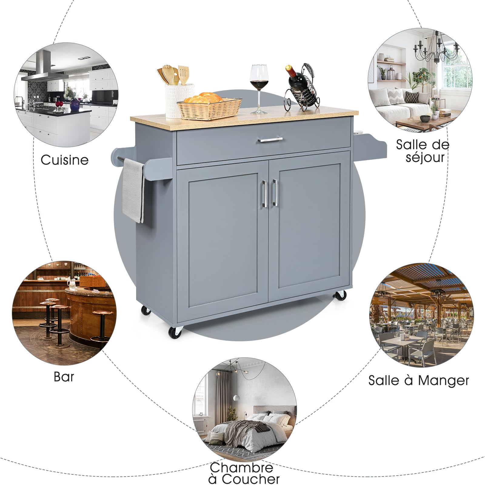 GIANTEX Desserte à roulettes avec Plan de Travail 90 x 40 cm, Desserte de Cuisine avec Grand Tiroir et Armoire à 2 Portes, Porte-Épices et Porte-Serviettes,116 x 40 x 85 cm (Gris)