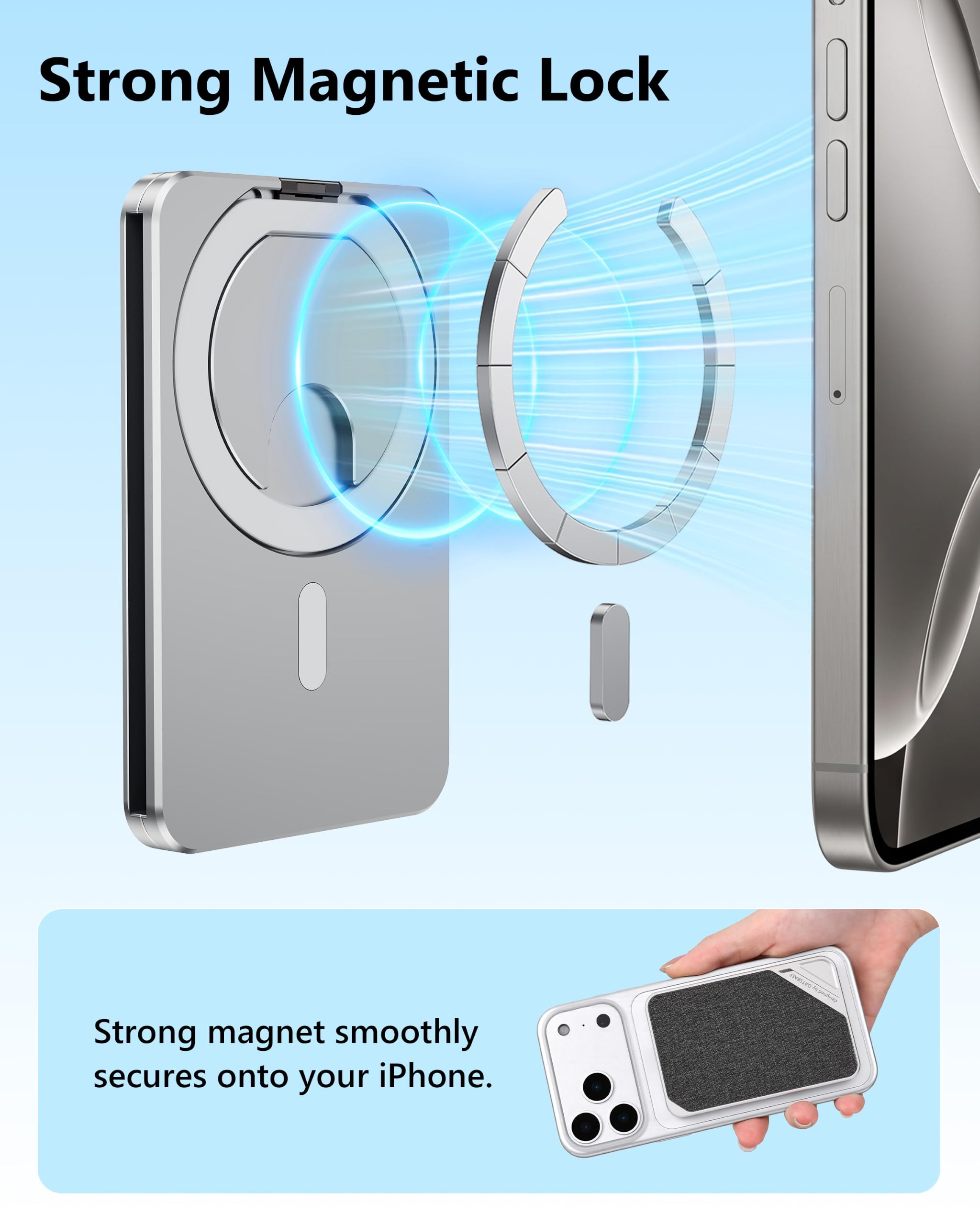 OATSBASF Magnetische Geldbörse aus Metall mit Ständer für 3 Kartenhalter für iPhone Serie, silber, Hochwertiges Metall