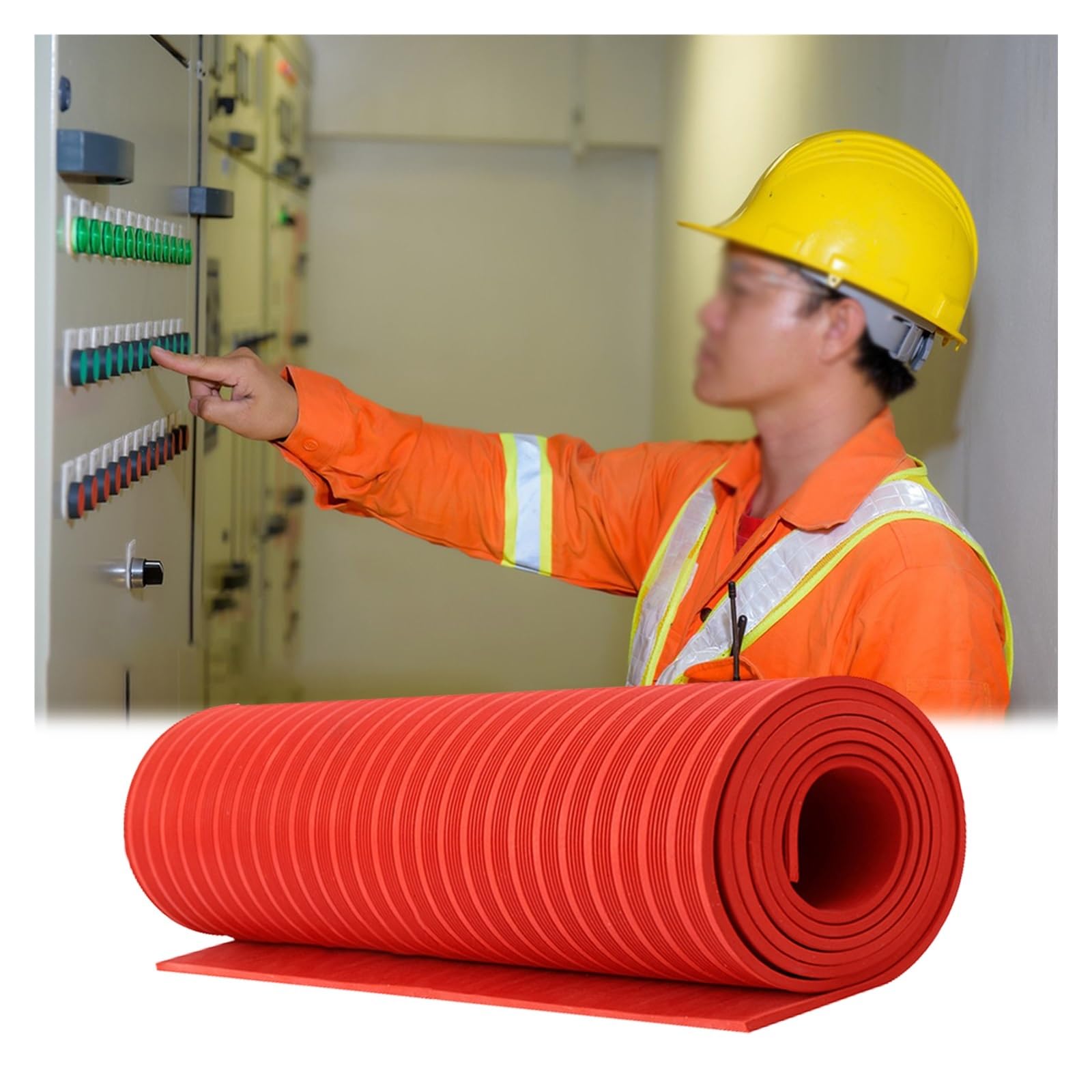 Distribution Room Insulating Rubber Mat Roll, Cuttable Waterproof Electrical Insulated Mats for Power Electrician, Large Customizable Non Slip Safety Matting 3ft Wide(Red,5'x3/8