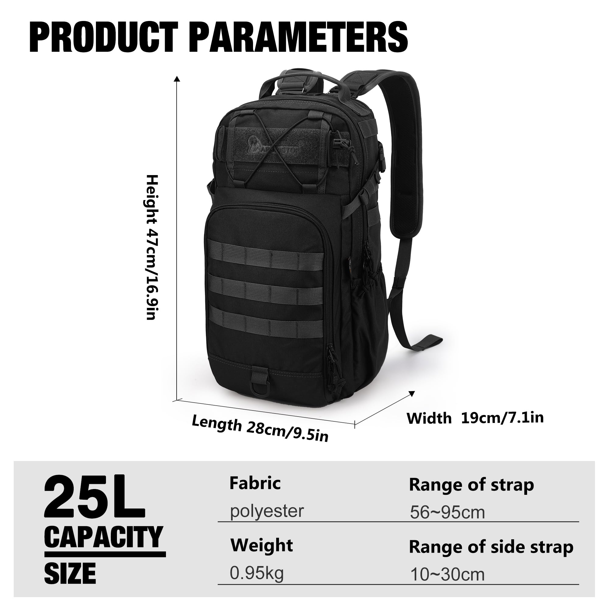 Mardingtop Zaino tattico da uomo da 25 l, piccolo con spallacci rimovibili, con sistema MOLLE, sistema di trasporto 3 in 1, per campeggio, lavoro, escursionismo