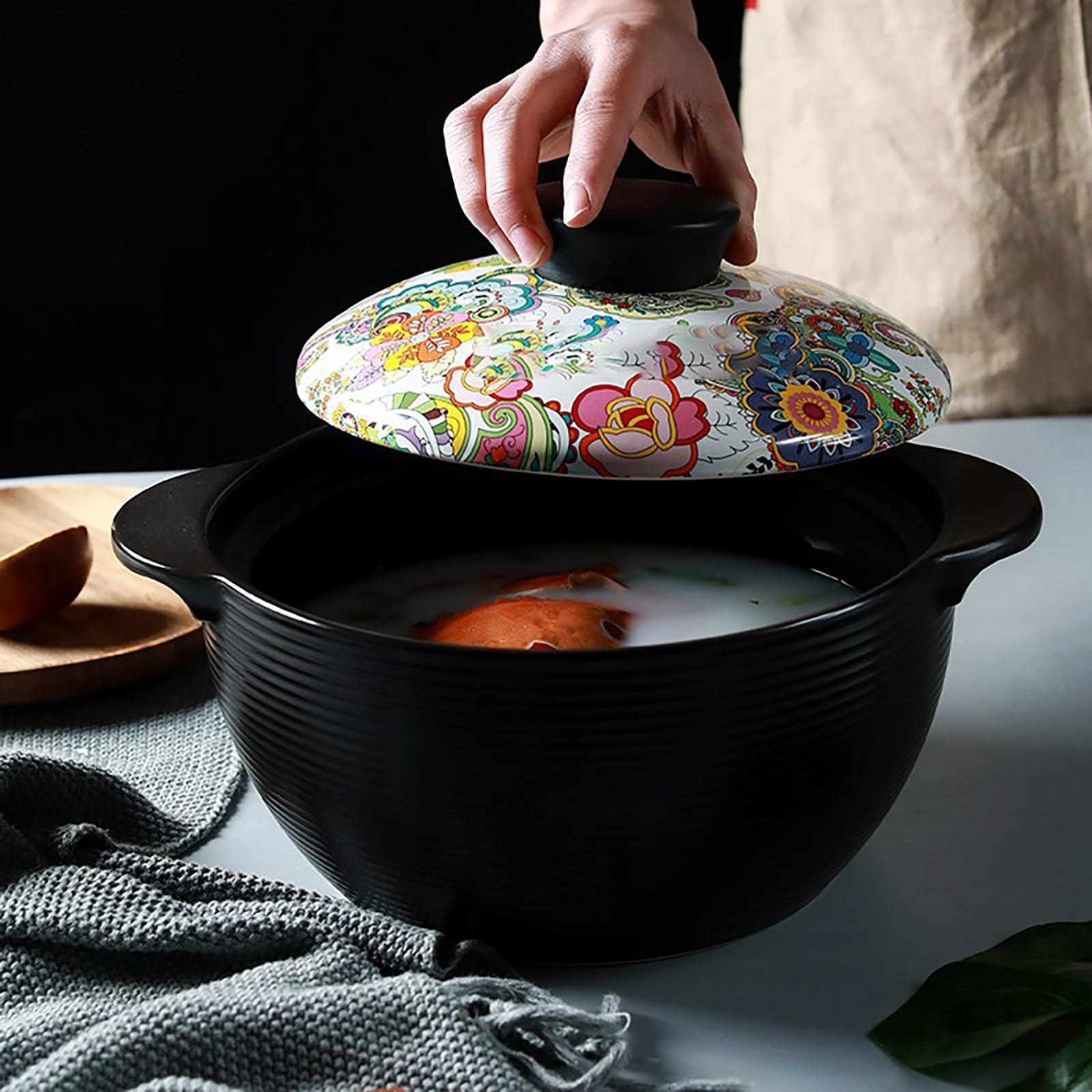 Kamienny garnek, z pokrywką Japoński gliniany garnek Gorący Ceramiczny żaroodporny do gulaszu, zupy i pary(2.7qt)