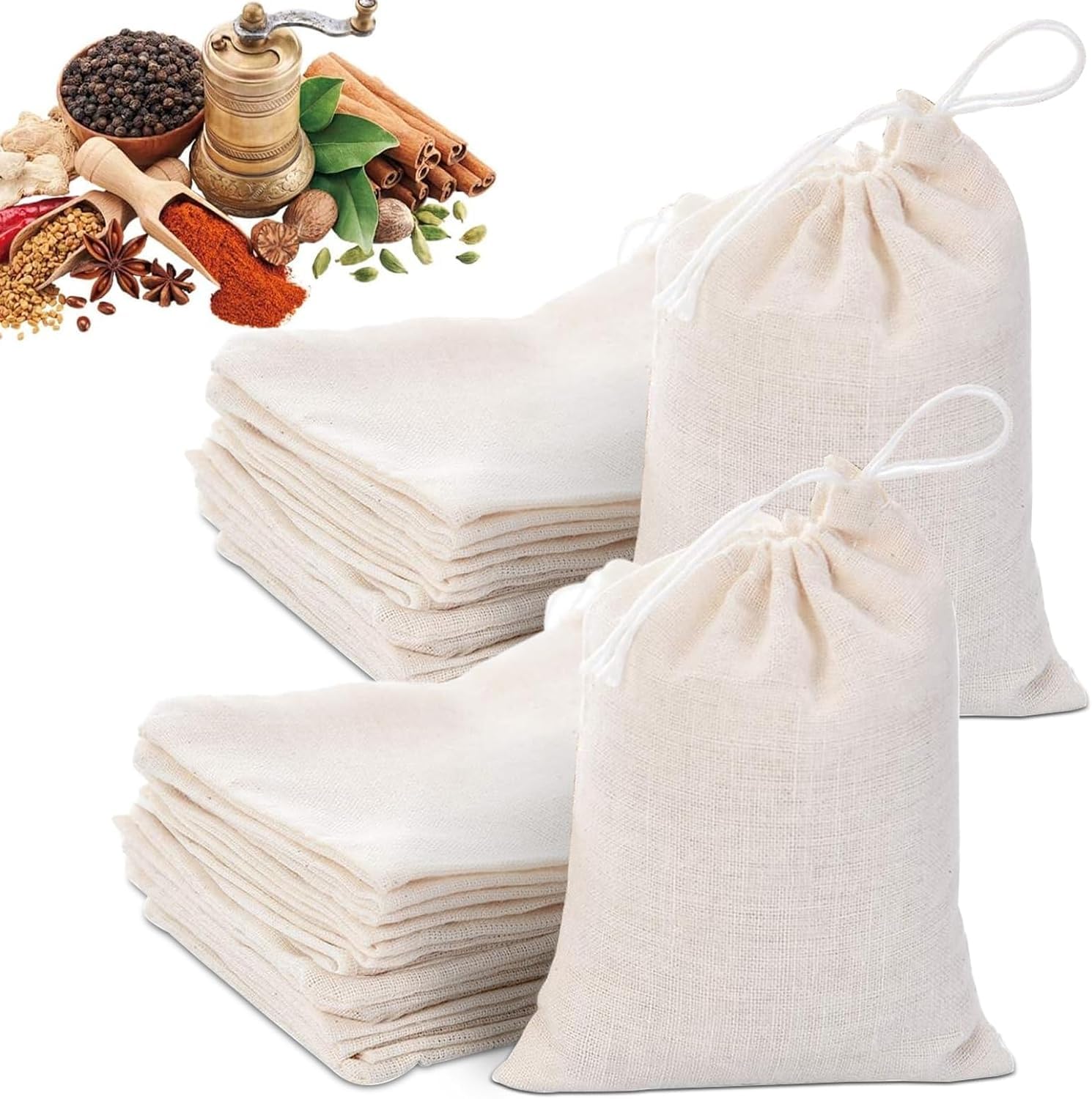 Dederwern Reusable Tea Strainer Cotton Cloth Bags, 50 Pcs Filter Drawstring Bags, Cotton Mesh Bags for Coffee, Soy Milk, Tea, Candy, Juice, Herbs, Spices