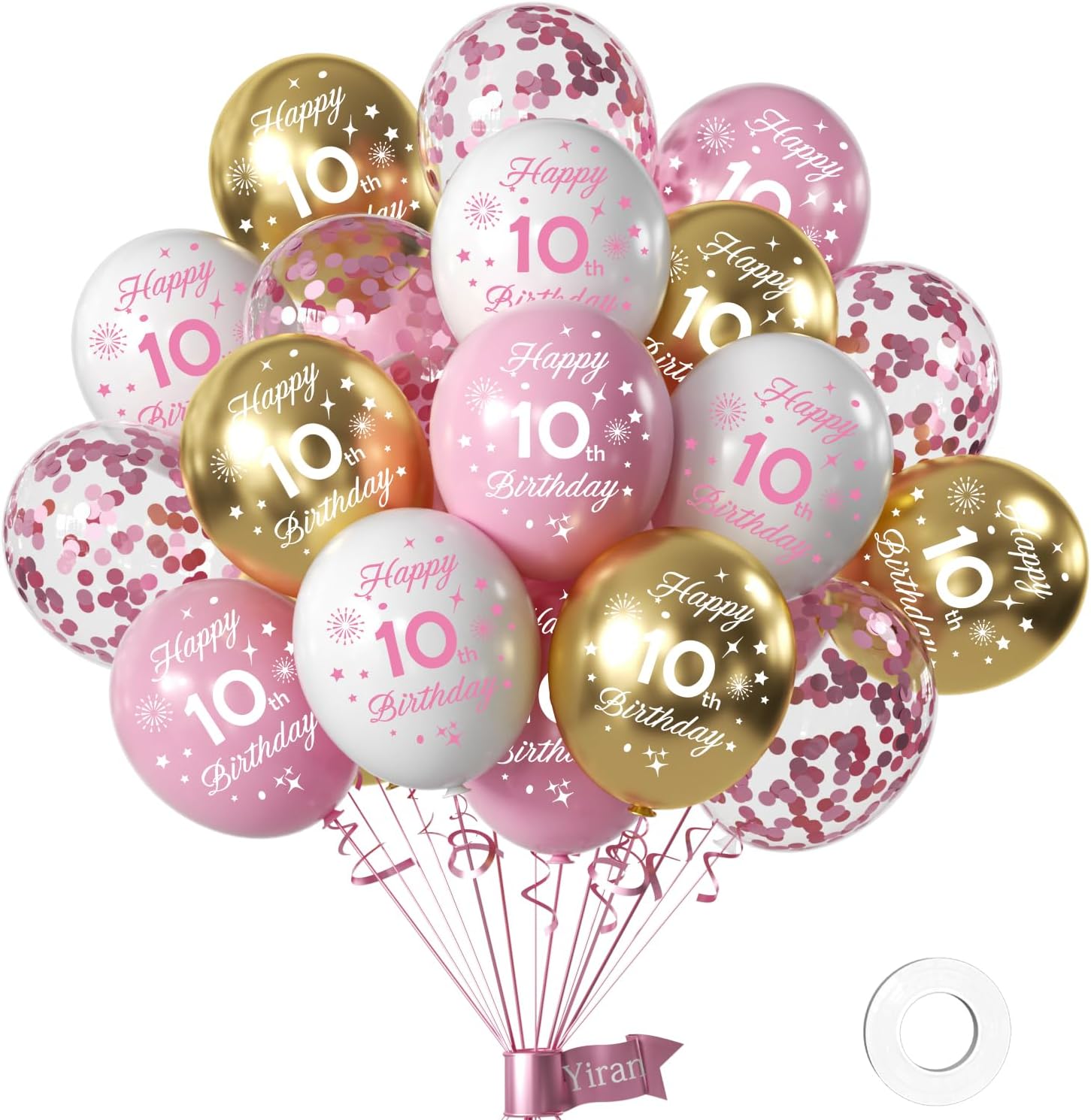 Girls 10th Birthday Pack of 16Pc, 12inch Pink and White Gold Happy Birthday Balloons, Printed Latex Party Decorations, Numbers for Girls Anniversary Party Supplies