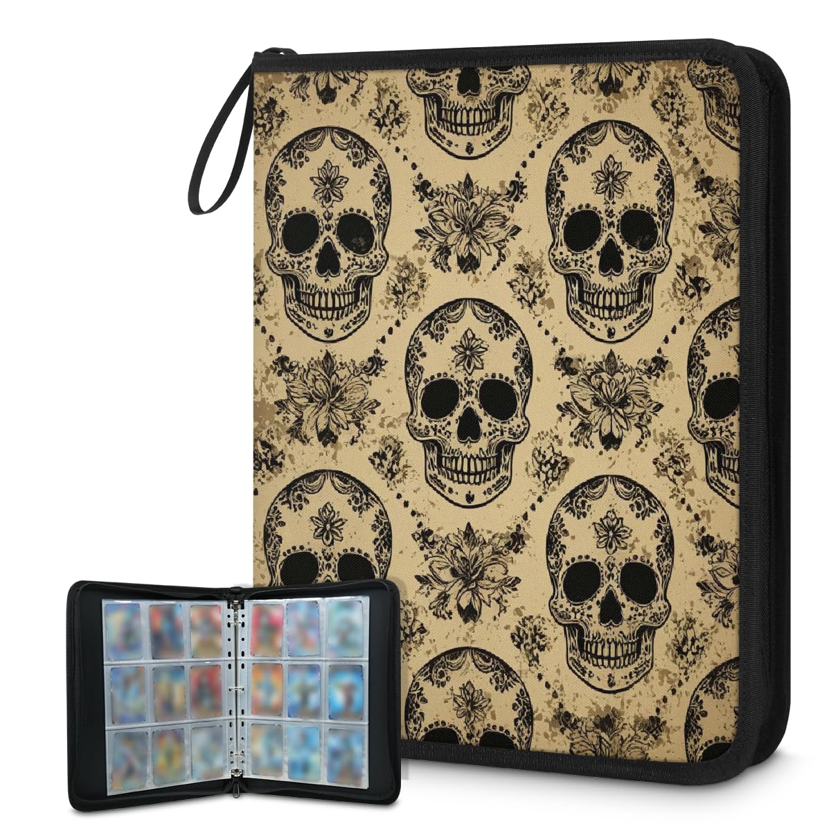 Carpeta de tarjetas coleccionables con 9 bolsillos, diseño de calavera de azúcar, álbum de tarjetas vintage con fundas extraíbles, impermeable, con cremallera, capacidad para 50 páginas y 900 tarjetas