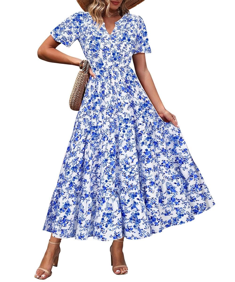 TIYOMI Women Plus Size Dress Boho V Neck Short Sleeve Beach Maxi Dresses Floral/Stripe/Leaves/Lemon XL-5XL