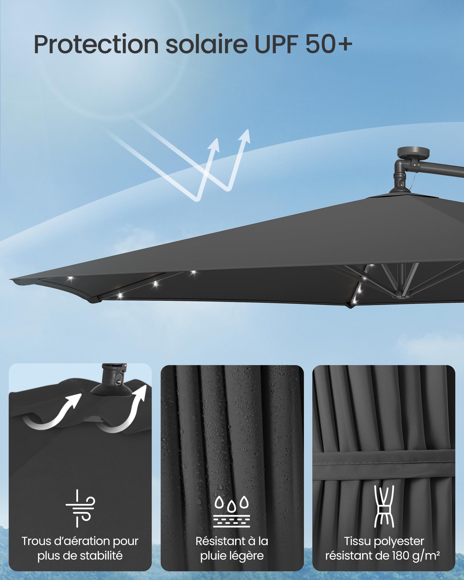 SONGMICS Parasol Déporté avec 32 LED, Socle en Croix, Ombrelle, Protection UPF 50+, Manivelle d'Ouverture et de Fermeture, Jardin, Terrasse, Piscine, Plage