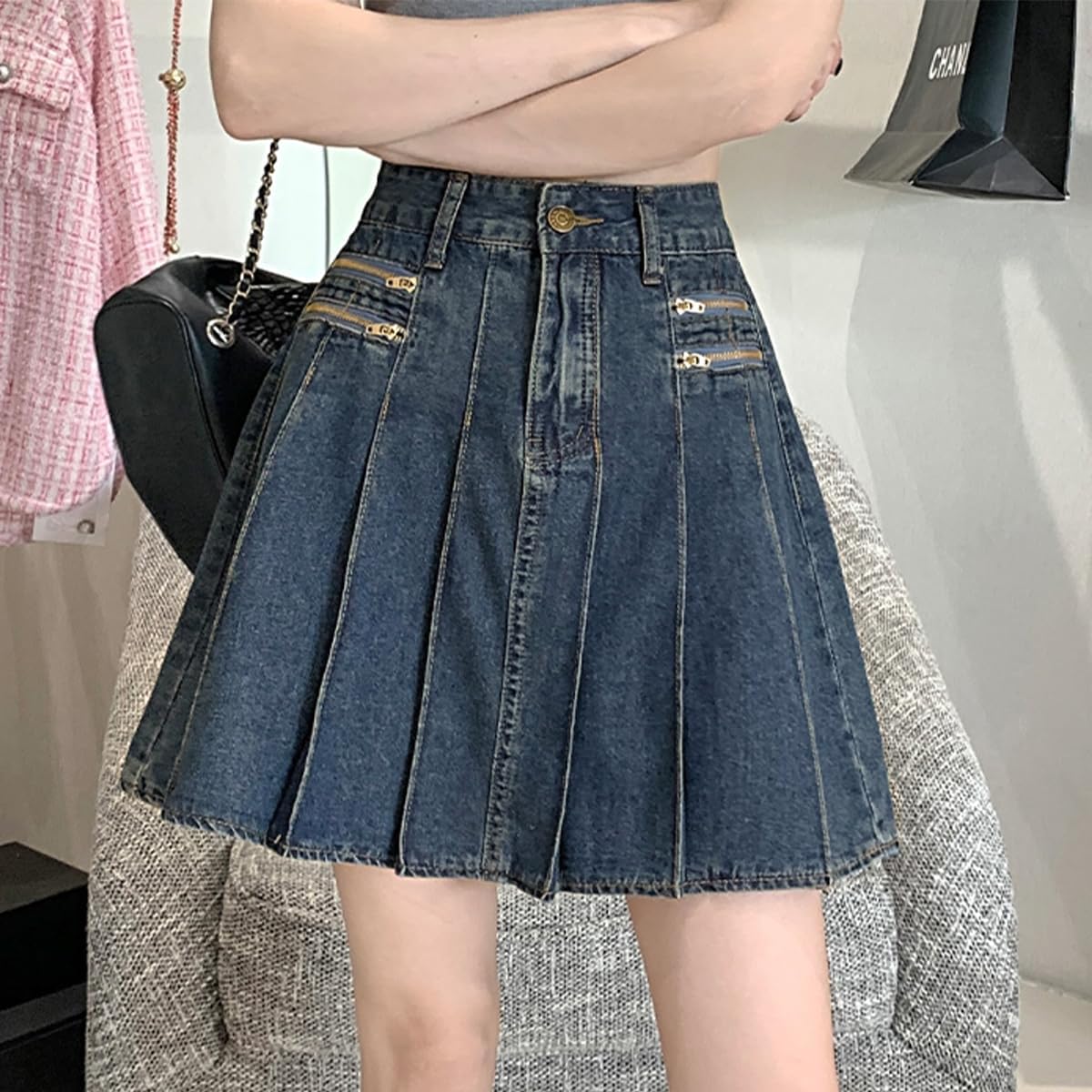Fashion Women's Jean Mini Skirt Y2K Casual Vintage A Line High Waist Pleated Denim Skirt with Lining - Image 4