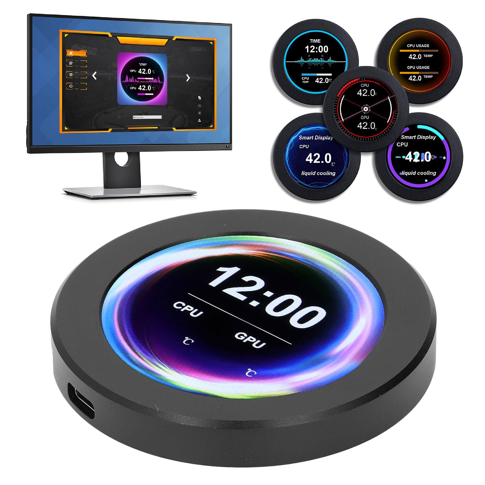 Garosa Pantalla de Refrigeración Líquida de CPU, Kit de Actualización de Pantalla AIO de 2,1 Pulgadas con Pantalla en Tiempo Real, Aleación de Aluminio de Rotación de 360 ​​Grados,