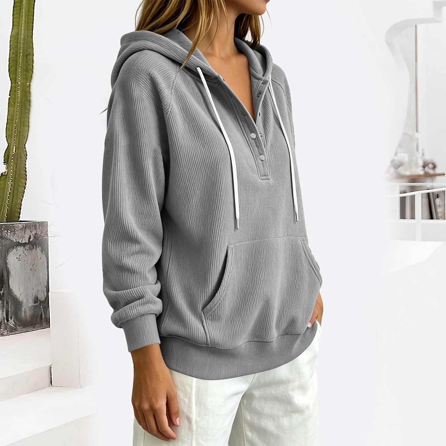 Oplxuo Women's Corduroy Oversized Long Sleeve Button Down V Neck Sweatshirt Casual Pullover Tops with Pocket