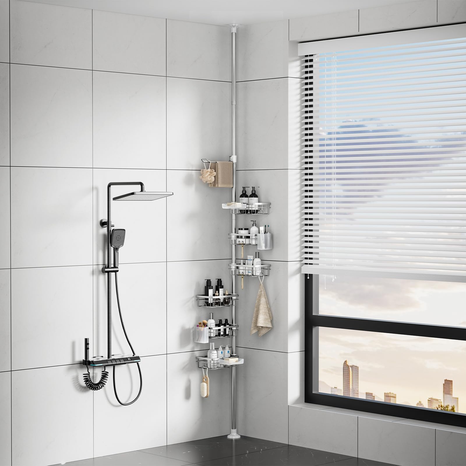 EXLECO Estantería telescópica para ducha con 7 estantes, sin agujeros, 78 – 308 cm, resistente a la oxidación, estantería de baño, estantería esquinera, organizador con barra para toallas, soporte